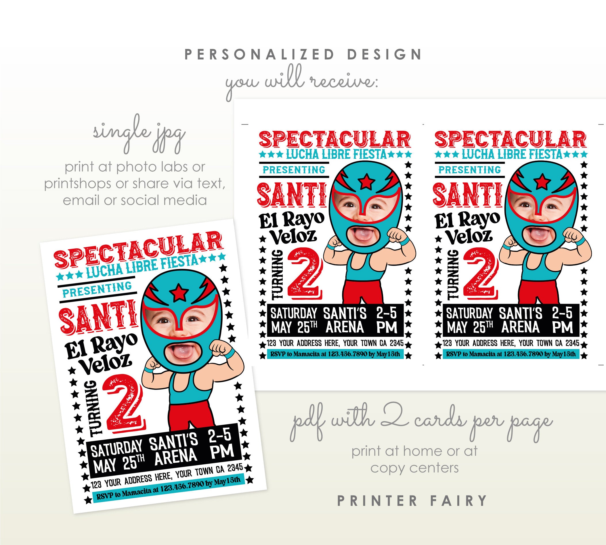 Personalized Lucha Libre Birthday Invitation with Photo (Digital)