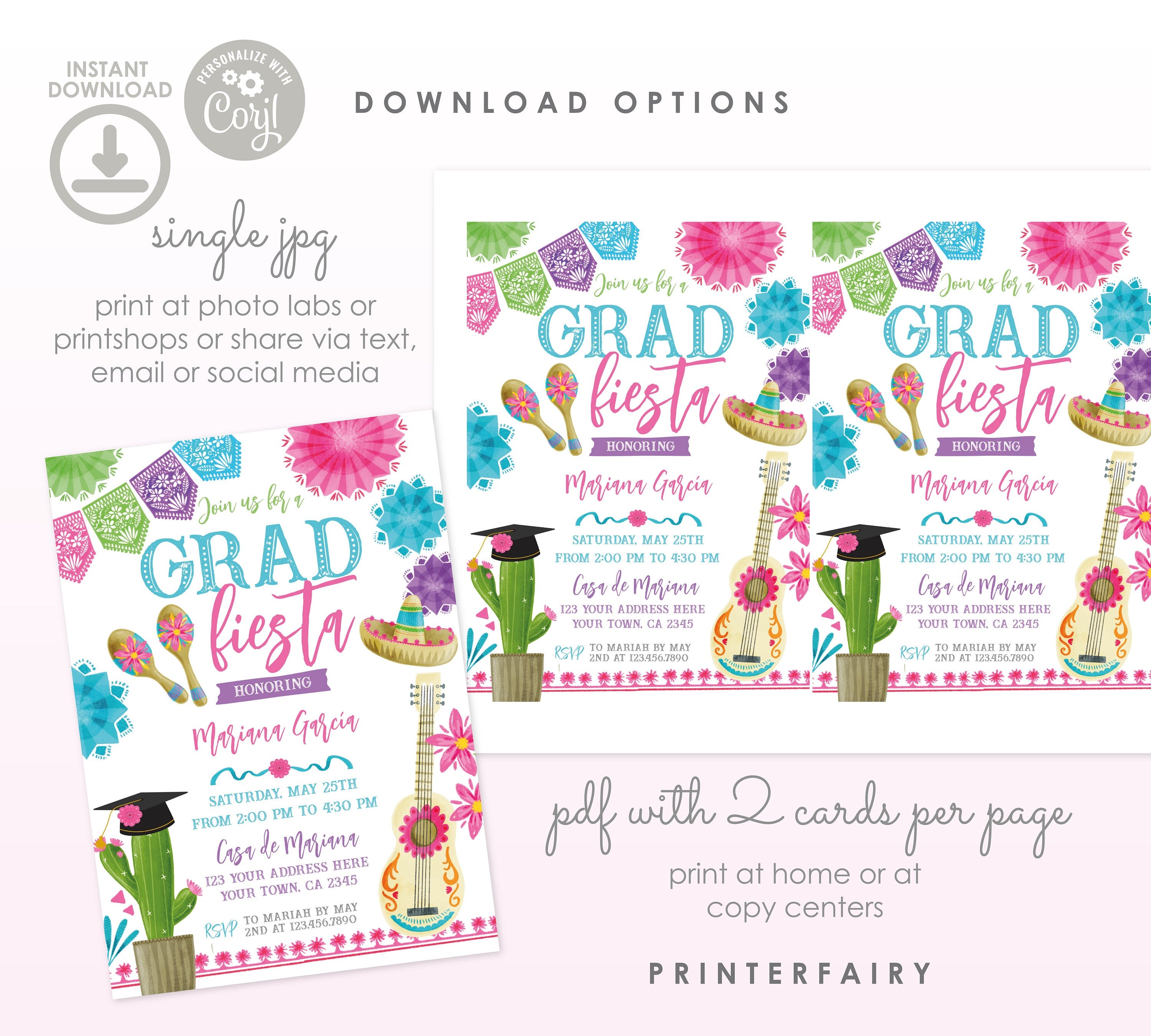 Graduation Fiesta Invitation, Editable Template, Mexican Theme (Digital Item)