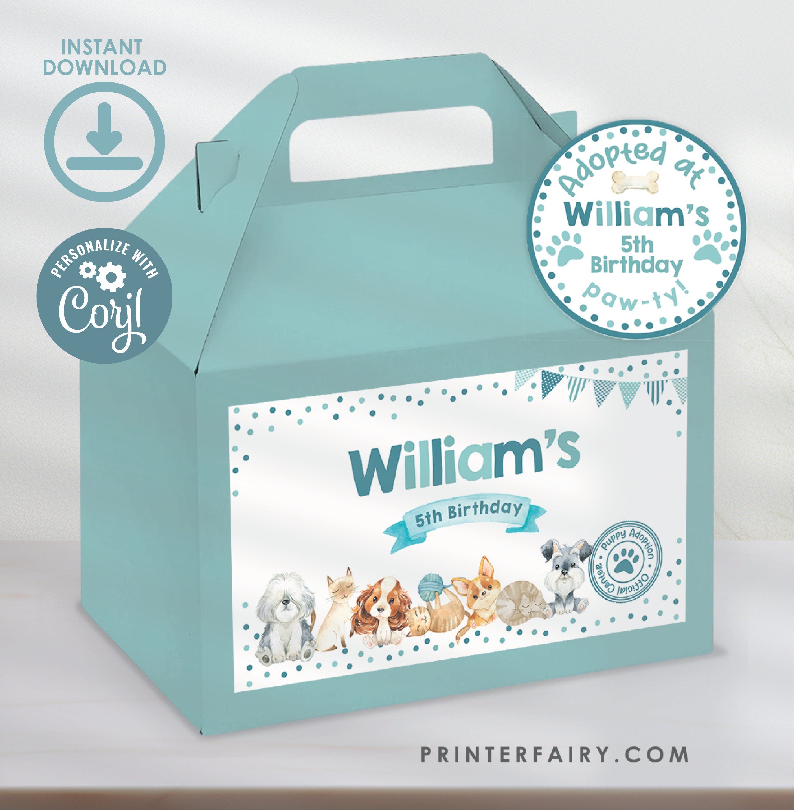 Puppies Kitties Adoption Party Box Labels, Dog Birthday Paw-ty Favor (Digital Download)