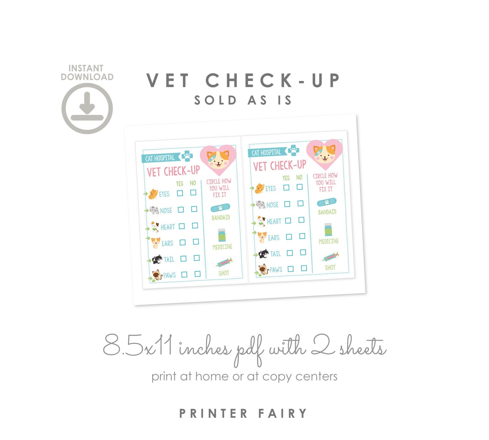 Cat Adoption Party Printable Sign, Vet Checkup (Instant Download)