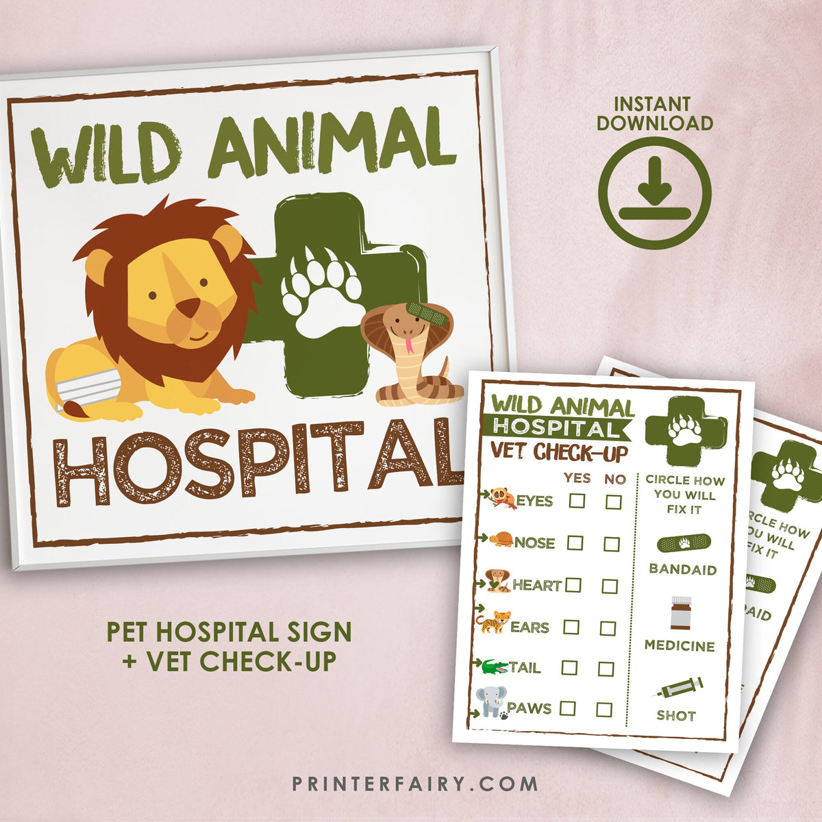 Wild Animal Hospital Sign, Vet Checkup, Safari Birthday (Printable PDF)