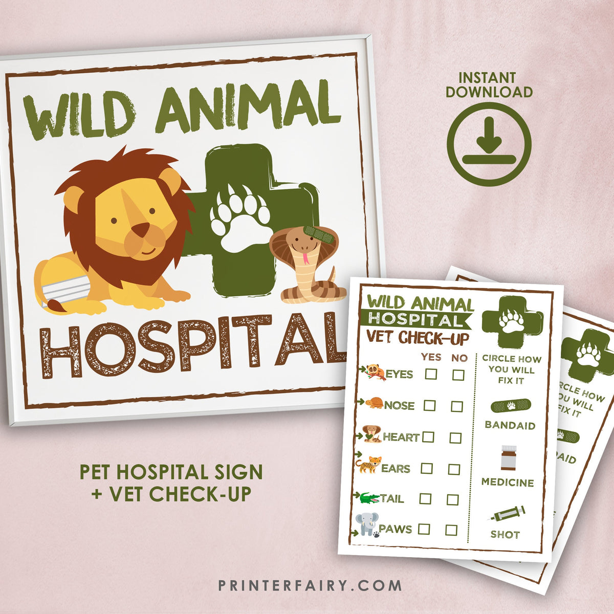 Wild Animal Hospital Sign, Vet Checkup, Safari Birthday (Printable PDF)