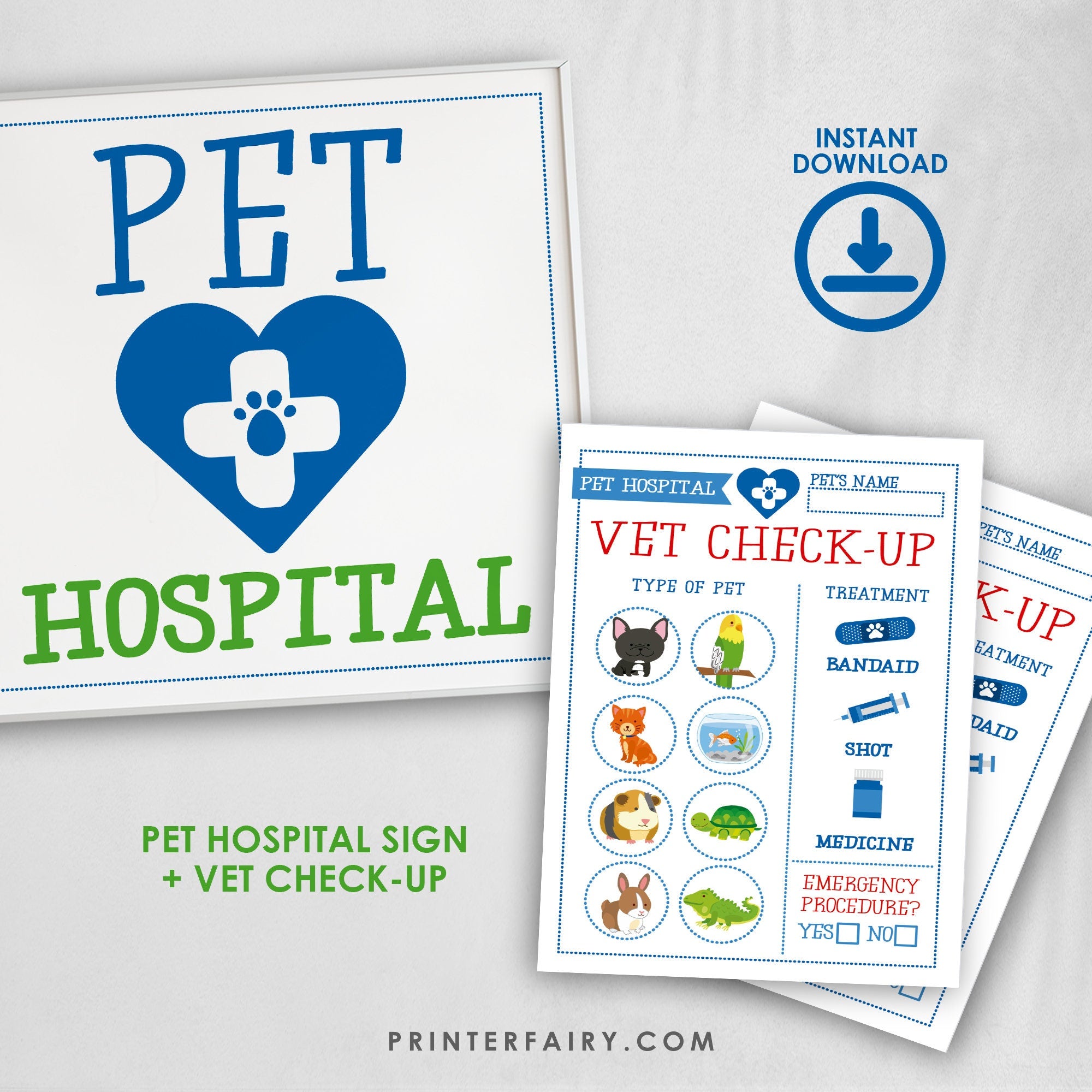 Pet Adoption Party Hospital Sign and Vet check Up, Ready to Print, INSTANT DOWNLOAD