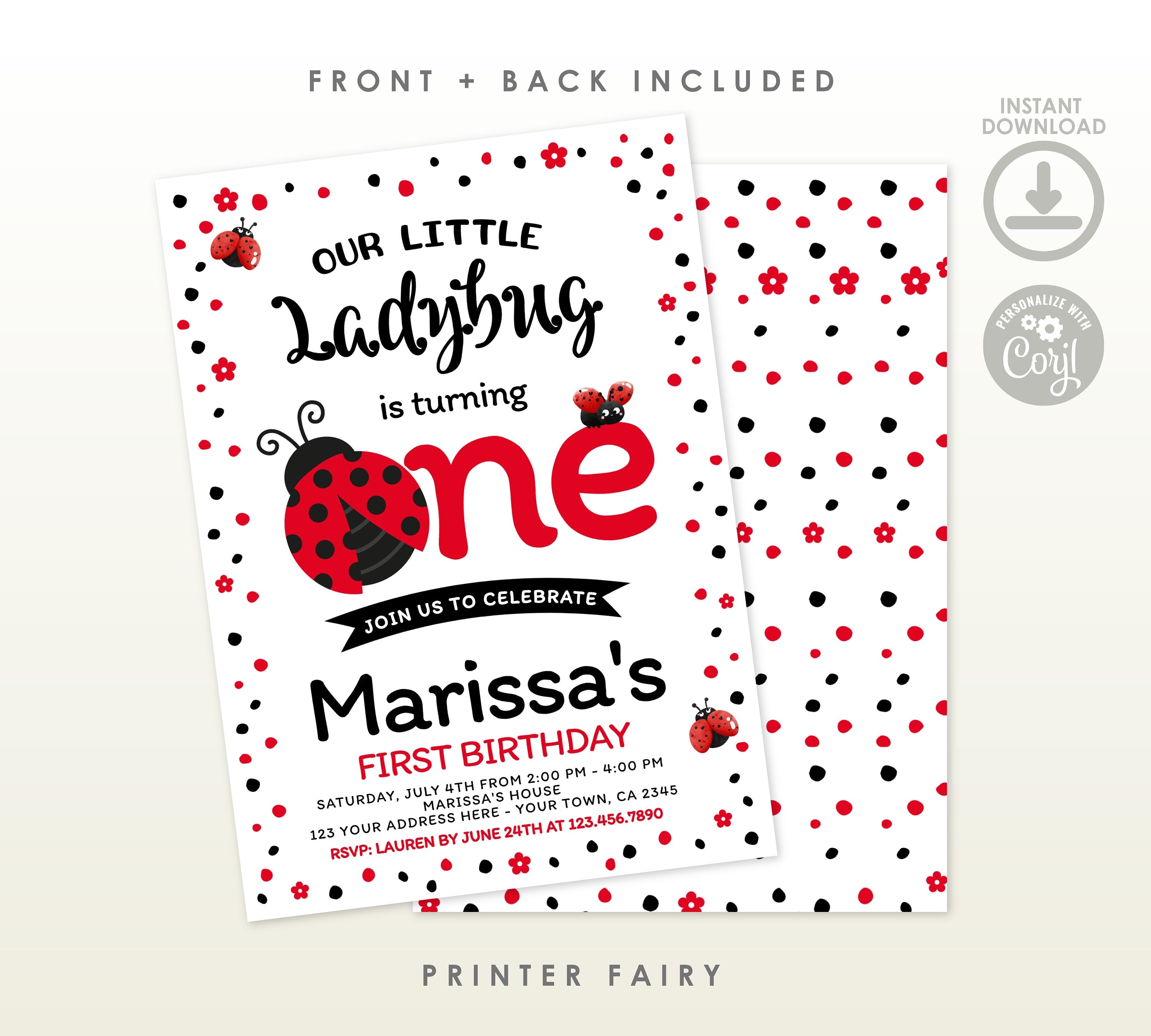 Ladybug First Birthday Invitation, Editable Template (Digital Download)