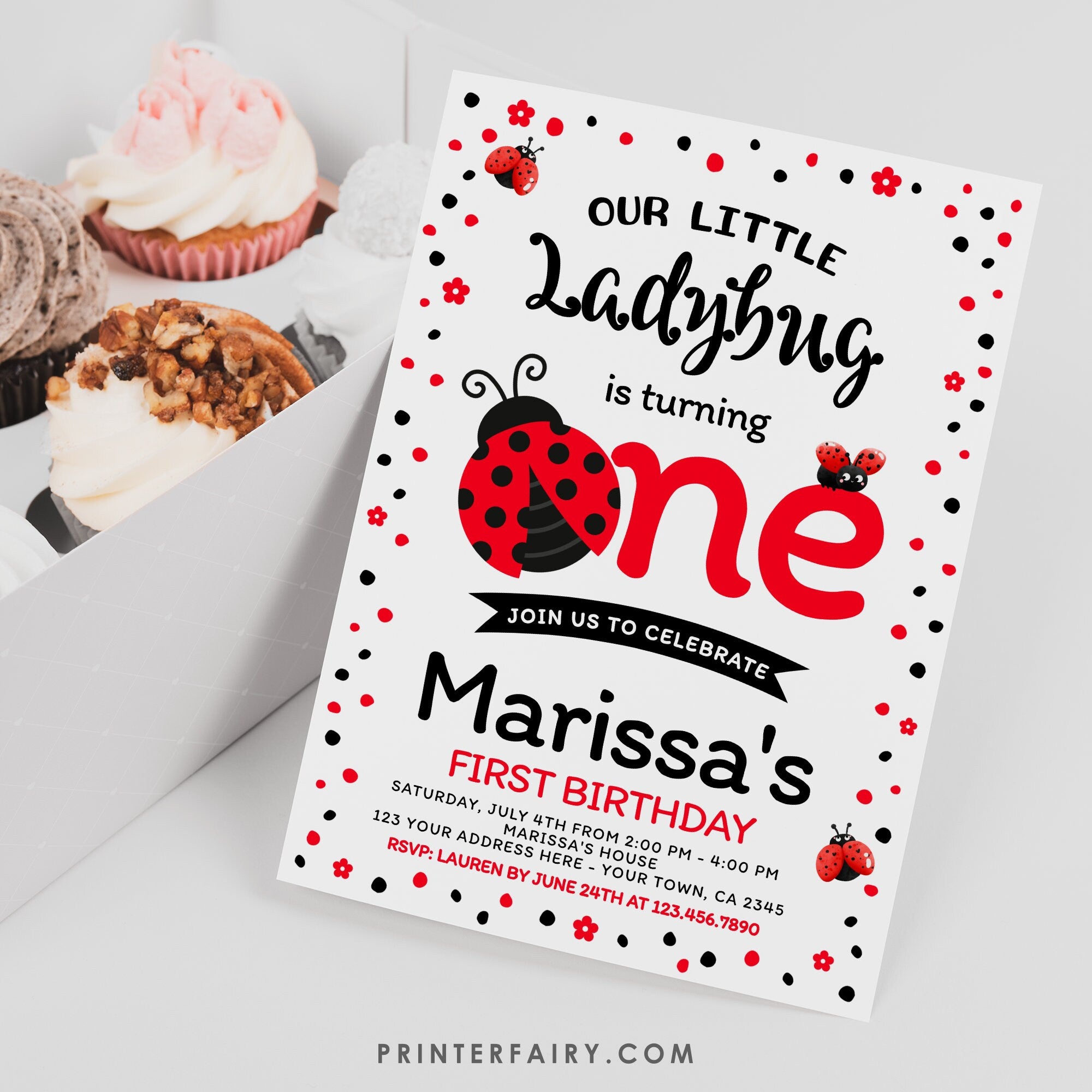 Ladybug First Birthday Invitation, Editable Template (Digital Download)