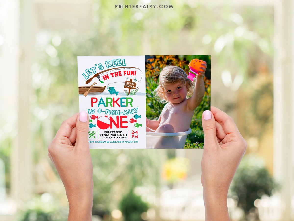 Fishing First Birthday Invitation with Photo, Editable Digital Download
