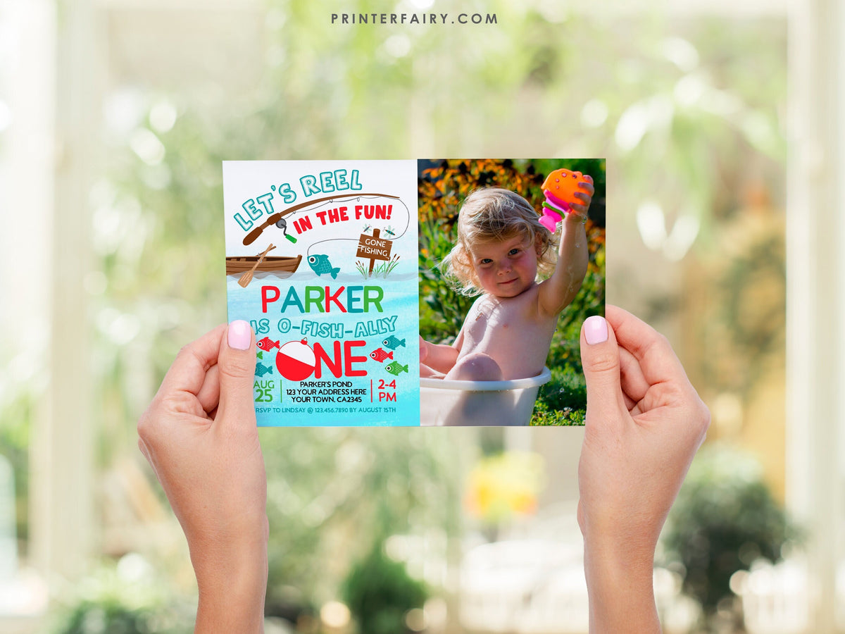 Fishing First Birthday Invitation with Photo, EDITABLE (Digital Download)