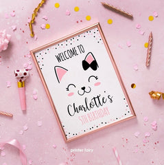 Kitty Cat Birthday Welcome Sign, Editable Digital Sign (Instant Download)