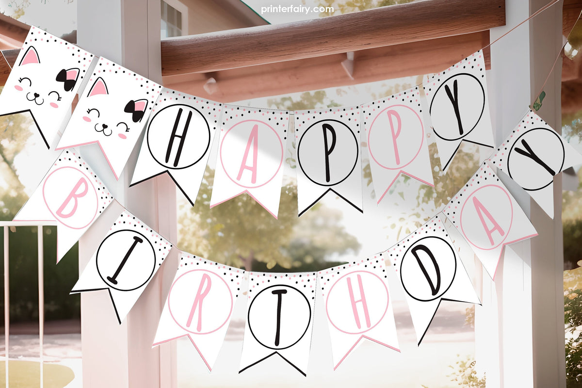 Editable Kitty Cat Birthday Banner, Printable Cat Party Decorations (Instant Download)