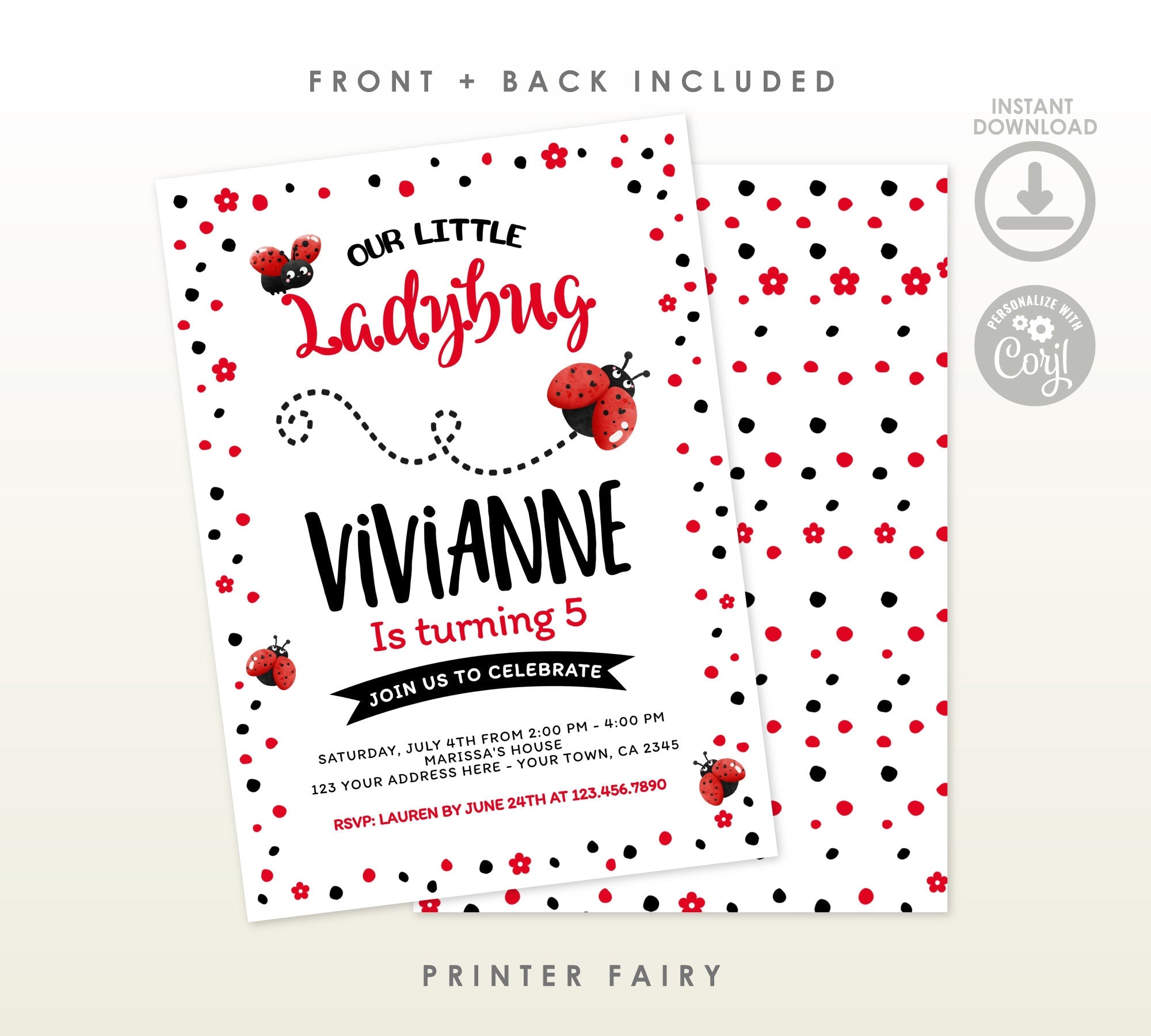 Ladybug Birthday Invitation, Spring Party (Editable Digital Download)