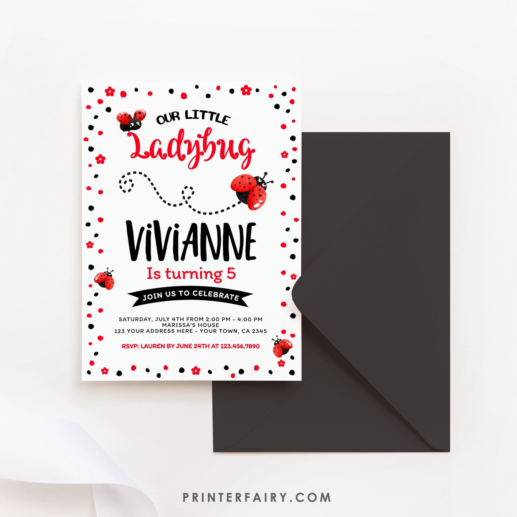 Ladybug Birthday Invitation, Spring Party (Editable Digital Download)