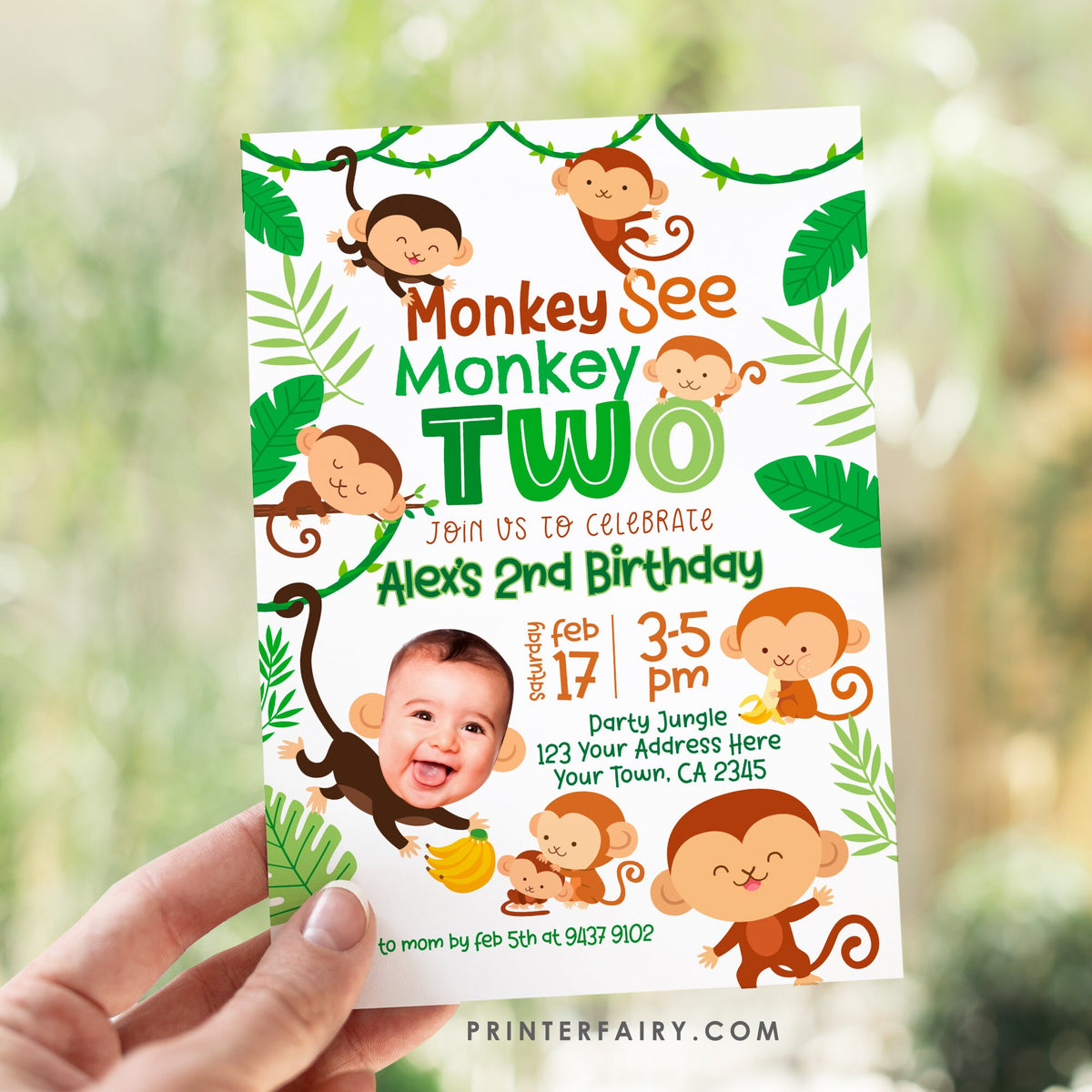Monkey Photo Birthday Invitation, Jungle Party Invite (Digital Invitation)