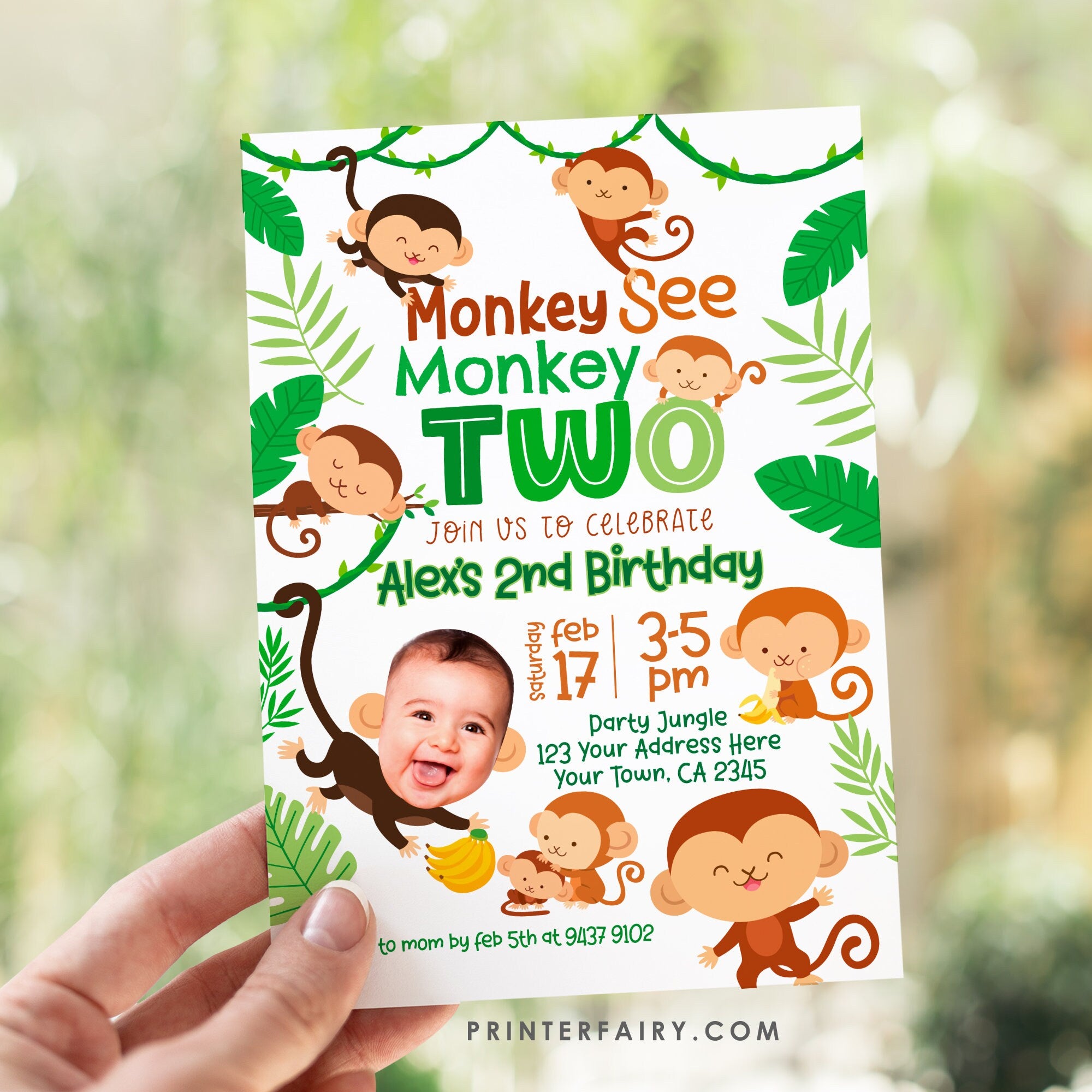 Monkey Photo Birthday Invitation, Jungle Party Invite (Digital Invitation)