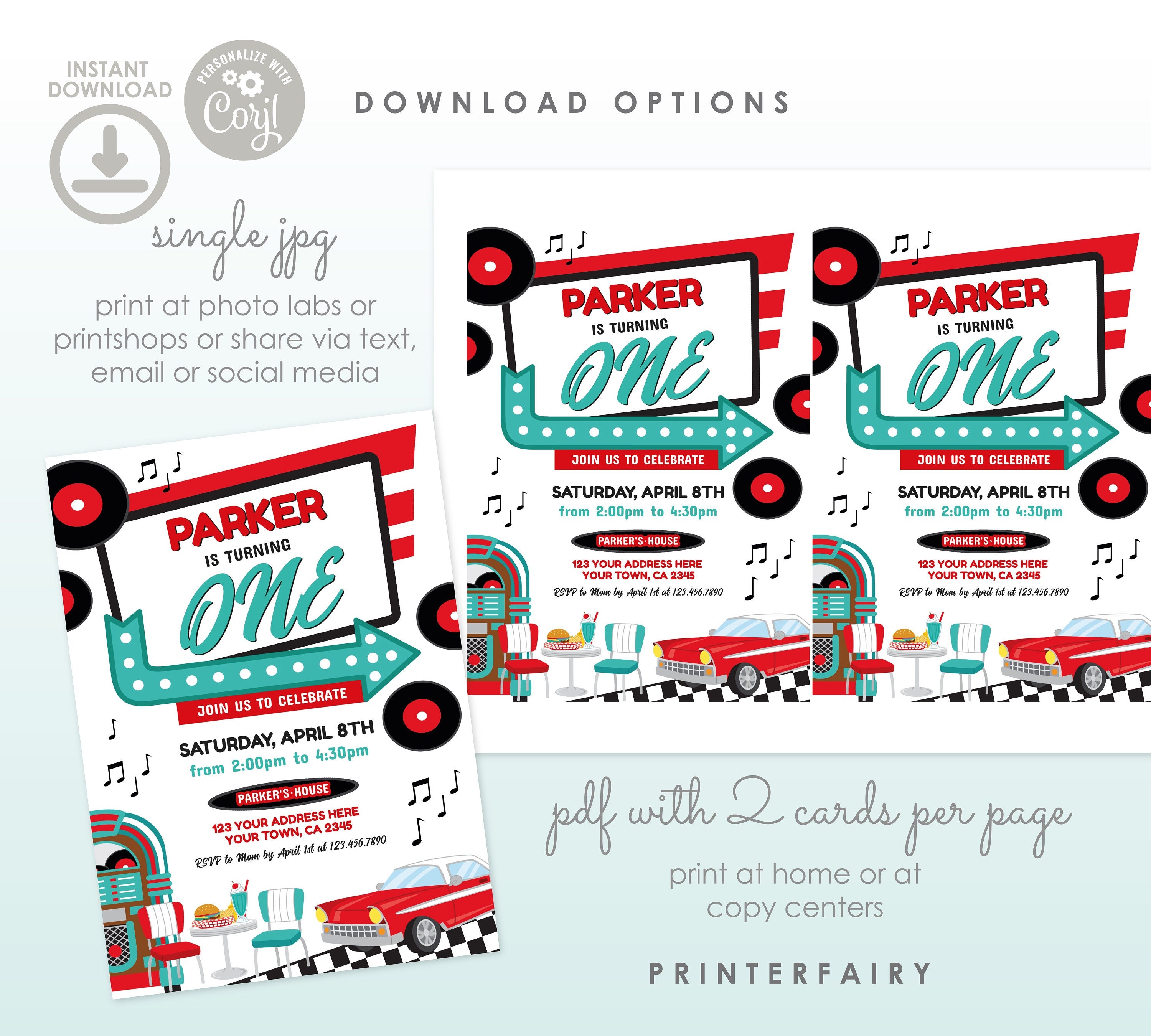 Diner First Birthday Invitation Editable Template, American Diner Retro Party Theme, INSTANT DOWNLOAD