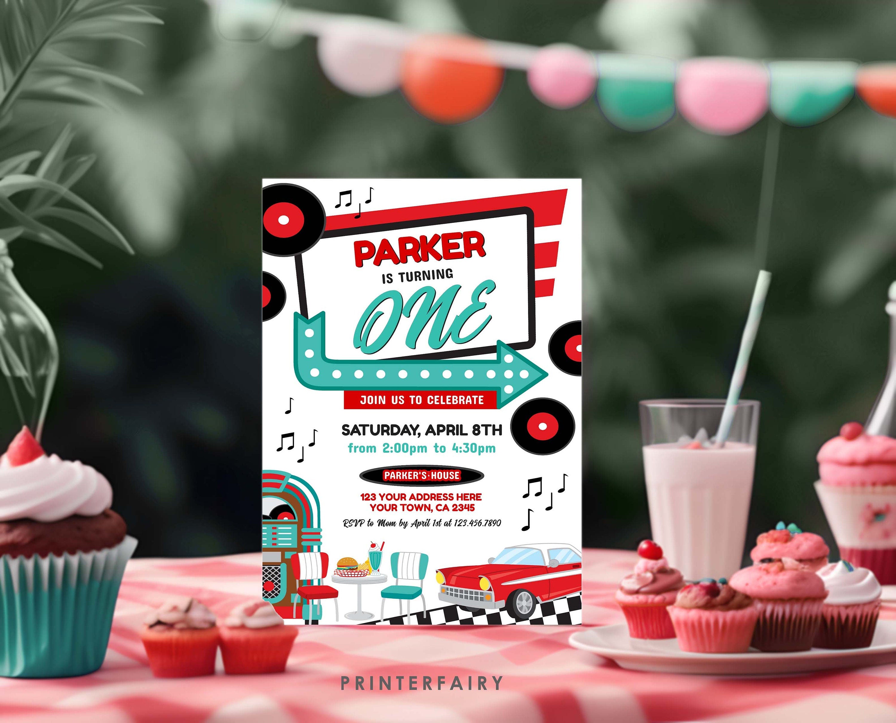 Diner First Birthday Invitation Editable Template, American Diner Retro Party Theme, INSTANT DOWNLOAD