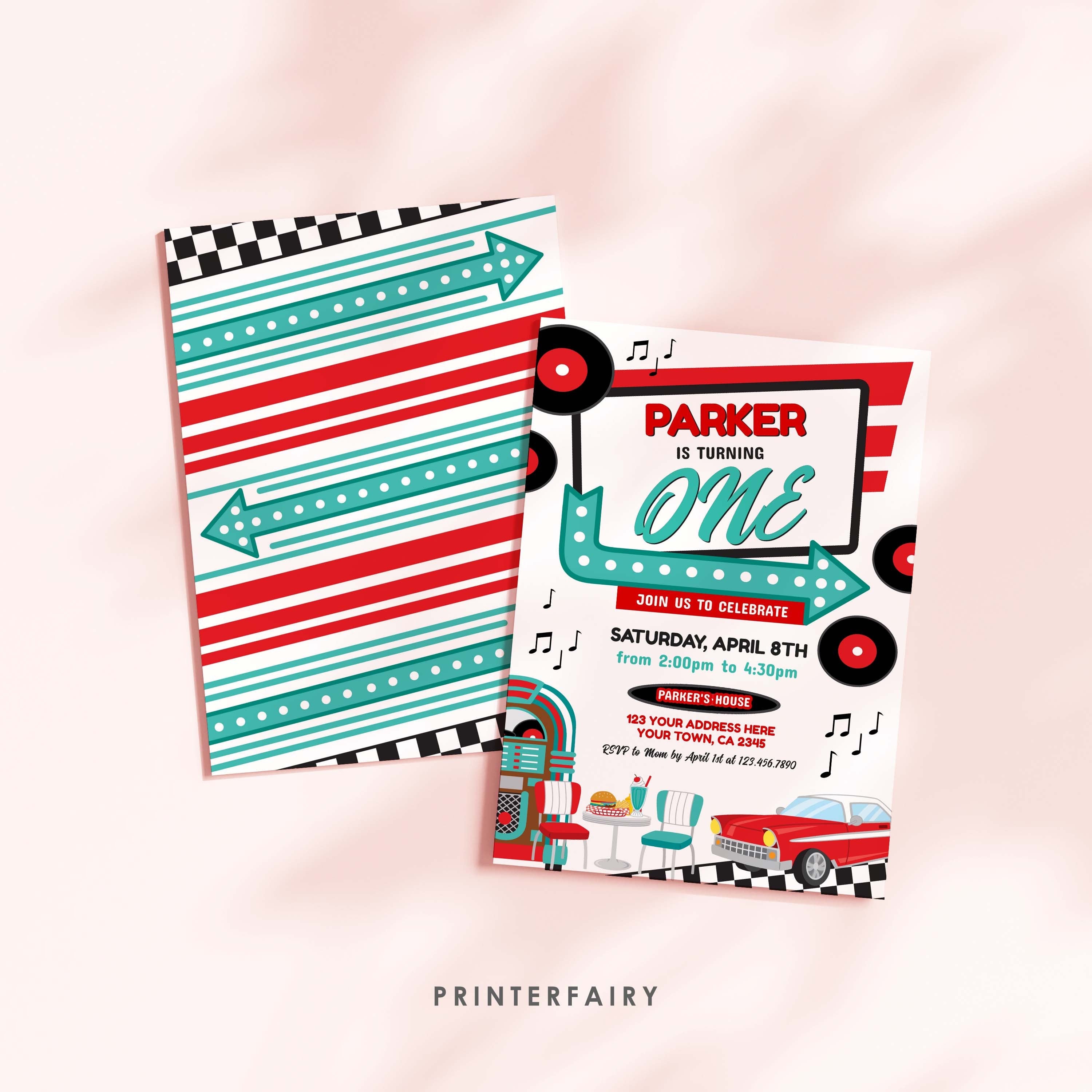 Diner First Birthday Invitation Editable Template, American Diner Retro Party Theme, INSTANT DOWNLOAD