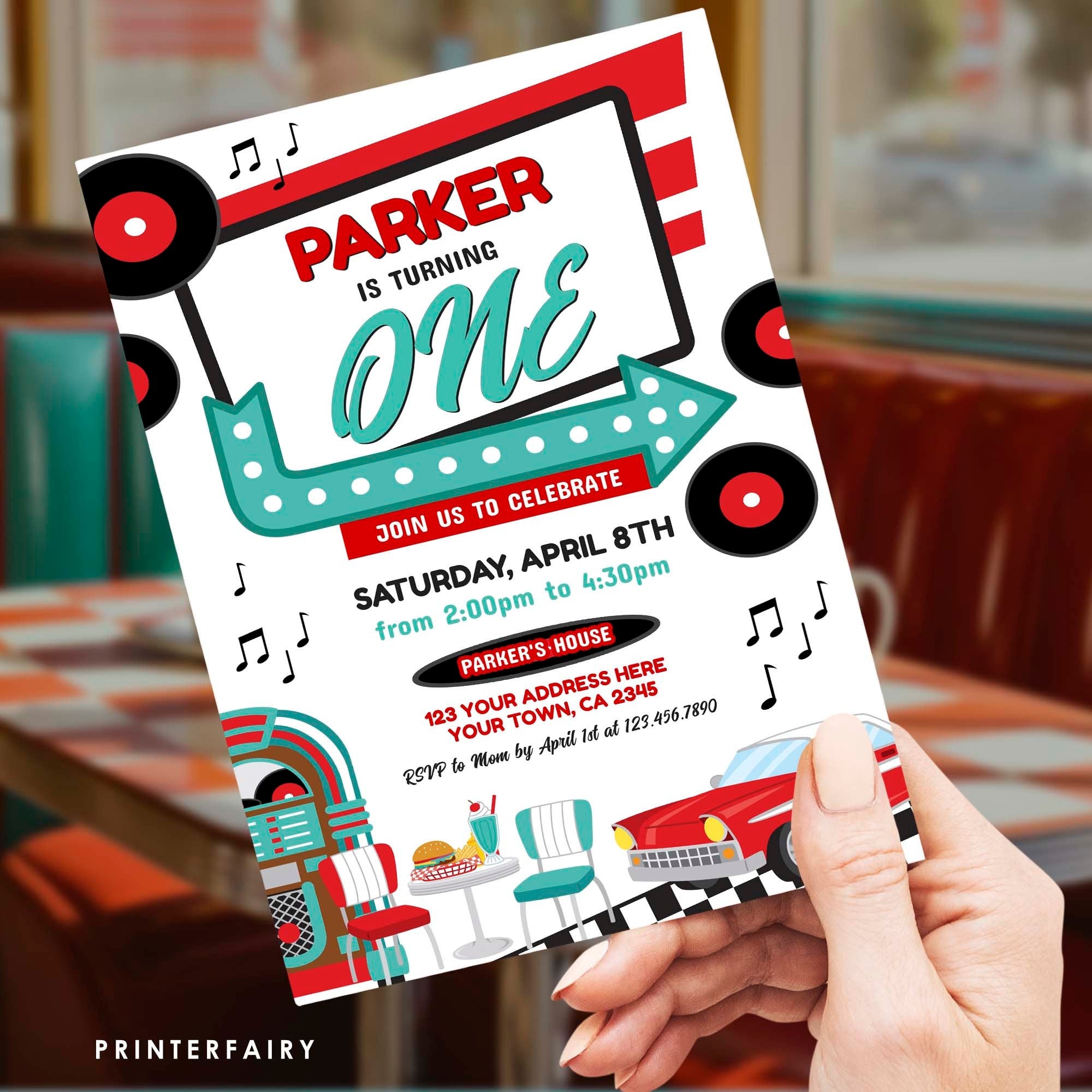 Diner First Birthday Invitation Editable Template, American Diner Retro Party Theme, INSTANT DOWNLOAD