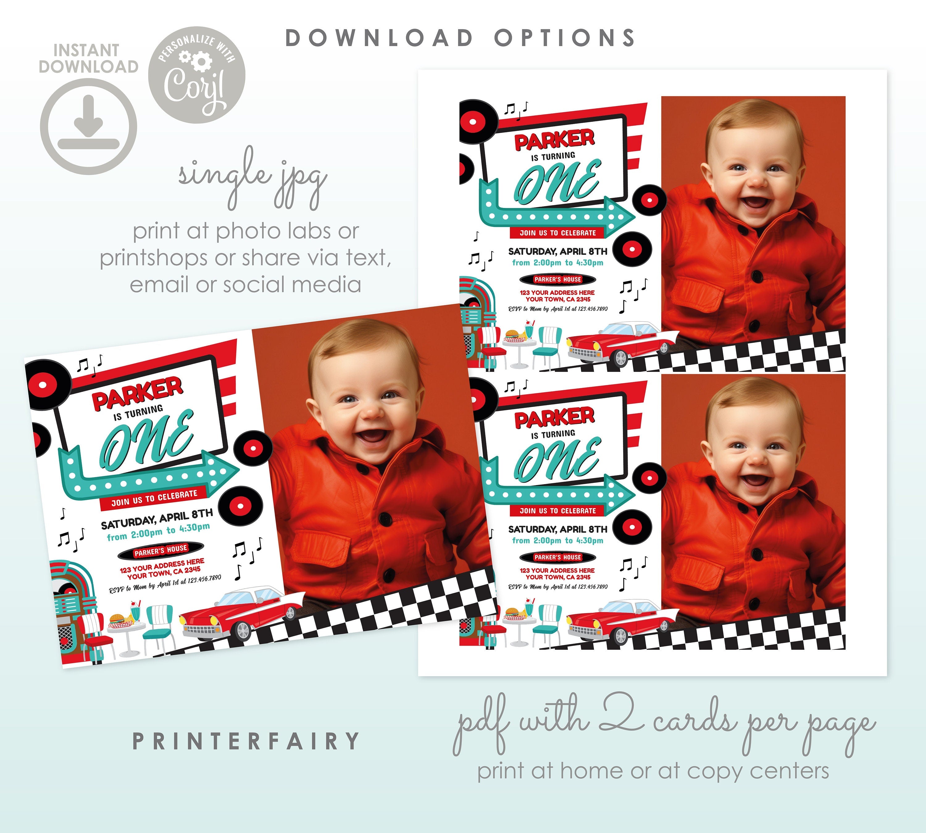 Diner First Birthday Invitation with Photo, Retro 1950's Party (Digital Download)
