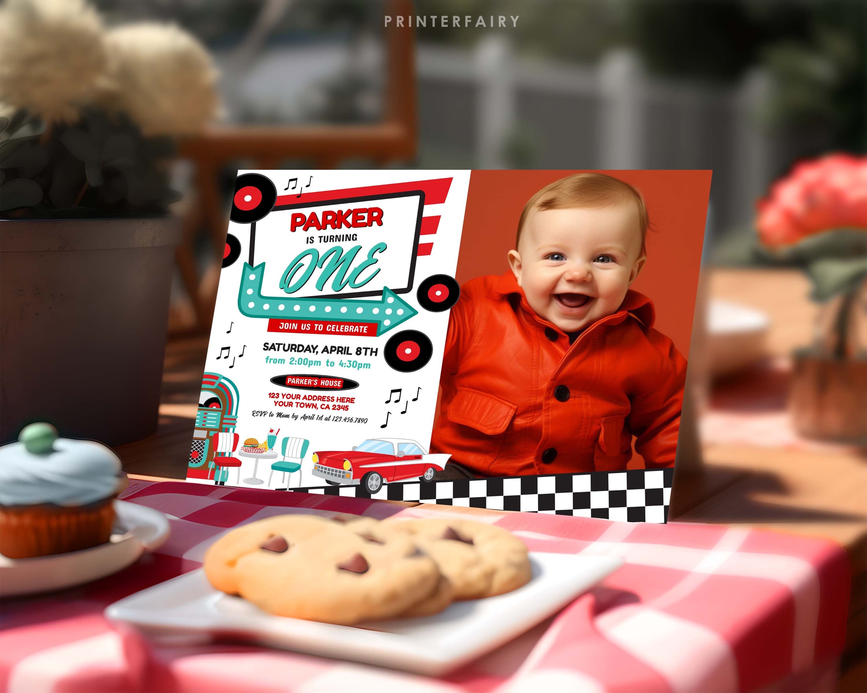 Diner First Birthday Invitation with Photo, Retro 1950's Party (Digital Download)