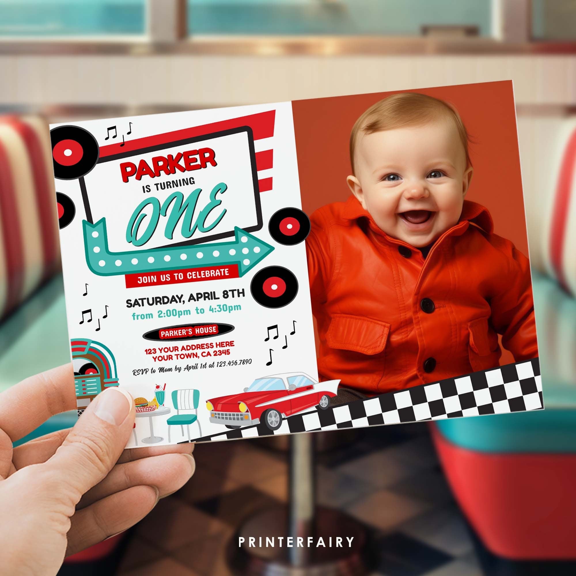 Diner First Birthday Invitation with Photo, Retro 1950's Party (Digital Download)