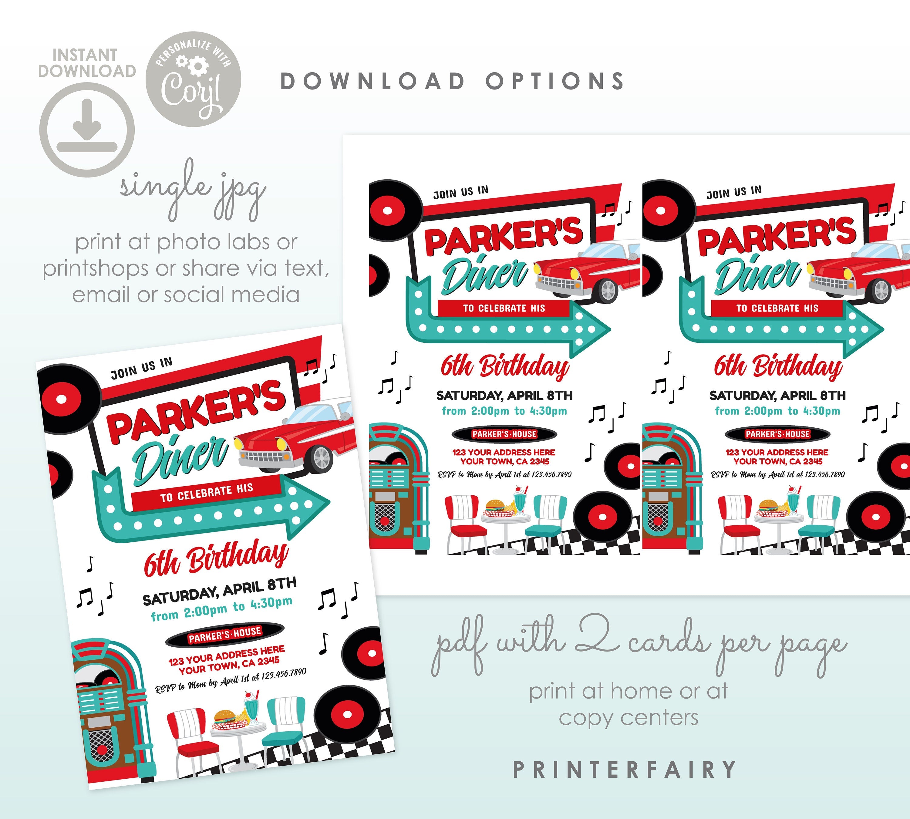 Retro Diner Birthday Invitation, 1950s Theme (Editable)