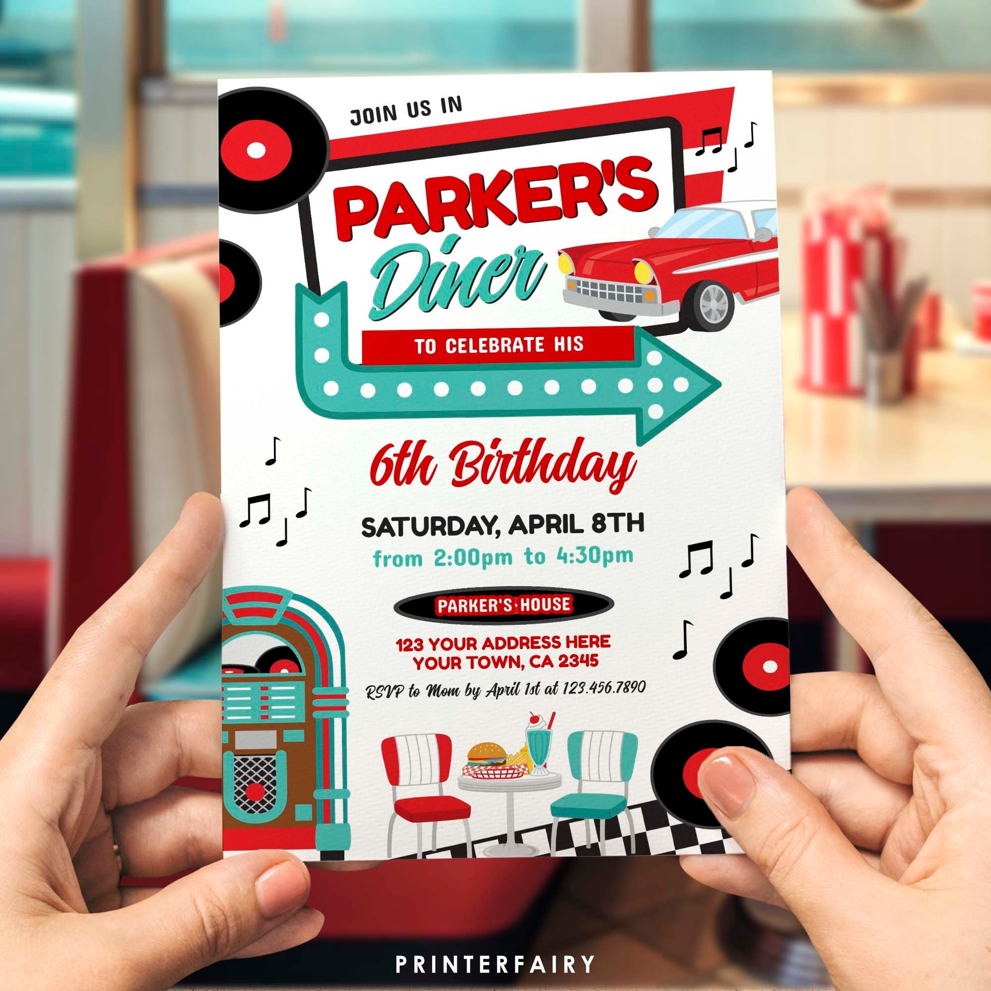 Retro Diner Birthday Invitation, 1950s Theme (Editable)