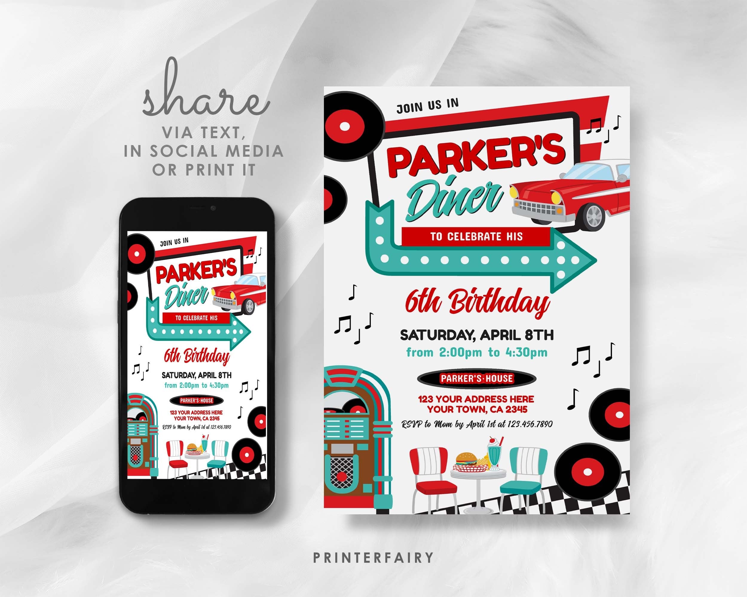 Retro Diner Birthday Invitation, 1950s Theme (Editable)