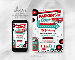 Retro Diner Birthday Invitation, 1950s Theme (Editable)