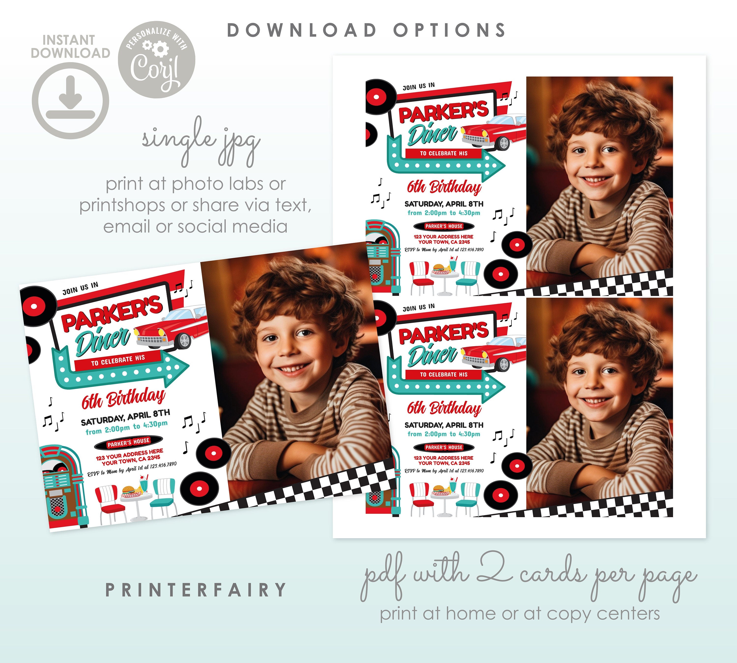 Retro Diner Birthday Invitation with Photo, Editable 1950s Party (Digital Item)