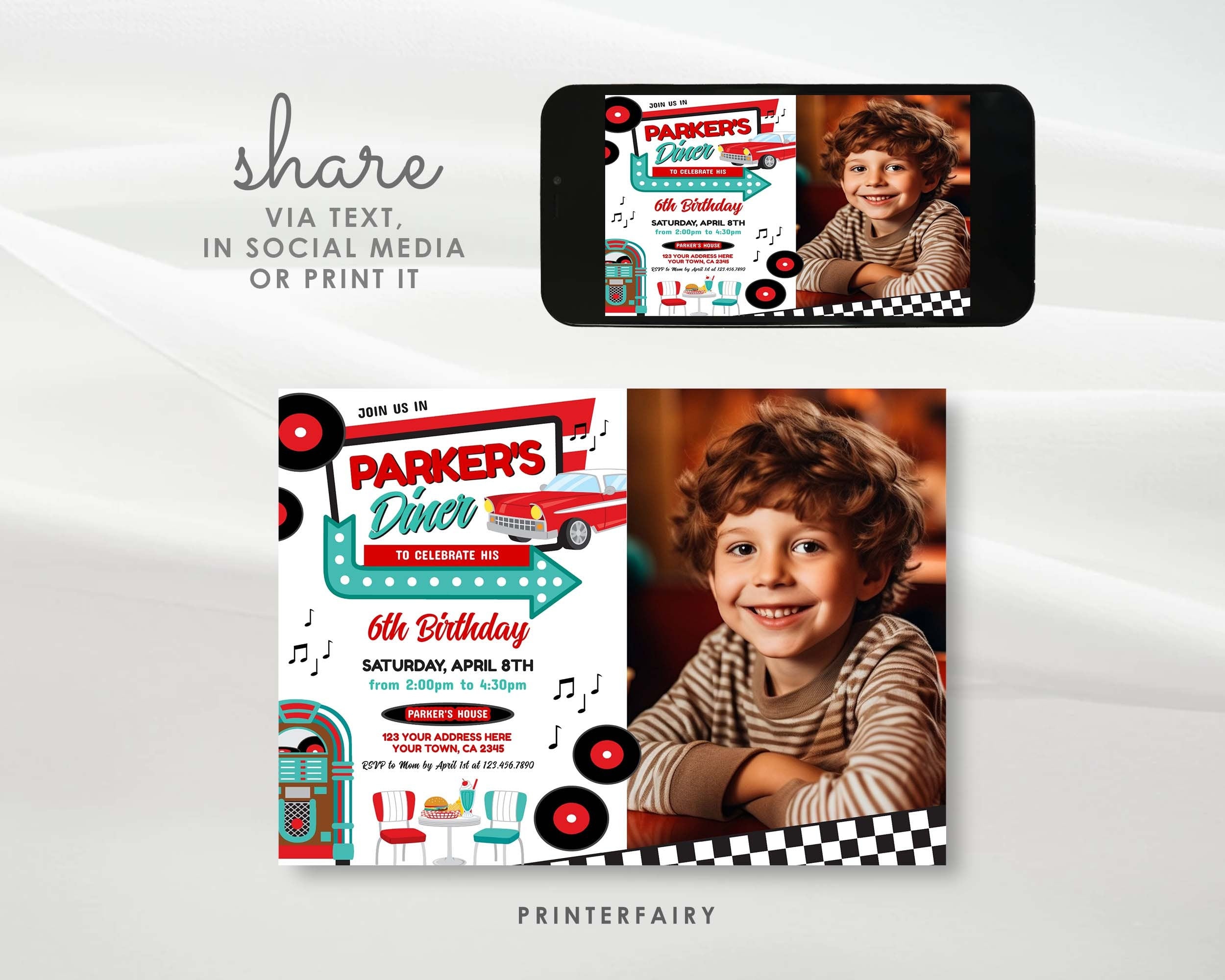 Retro Diner Birthday Invitation with Photo, Editable 1950s Party (Digital Item)