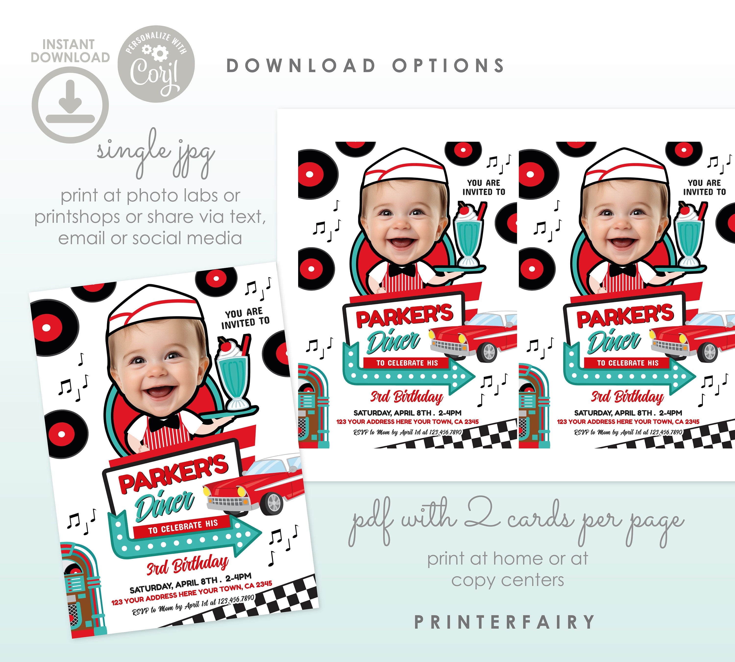 Diner Birthday Invitation with Photo Editable Template for Any Age, INSTANT DOWNLOAD