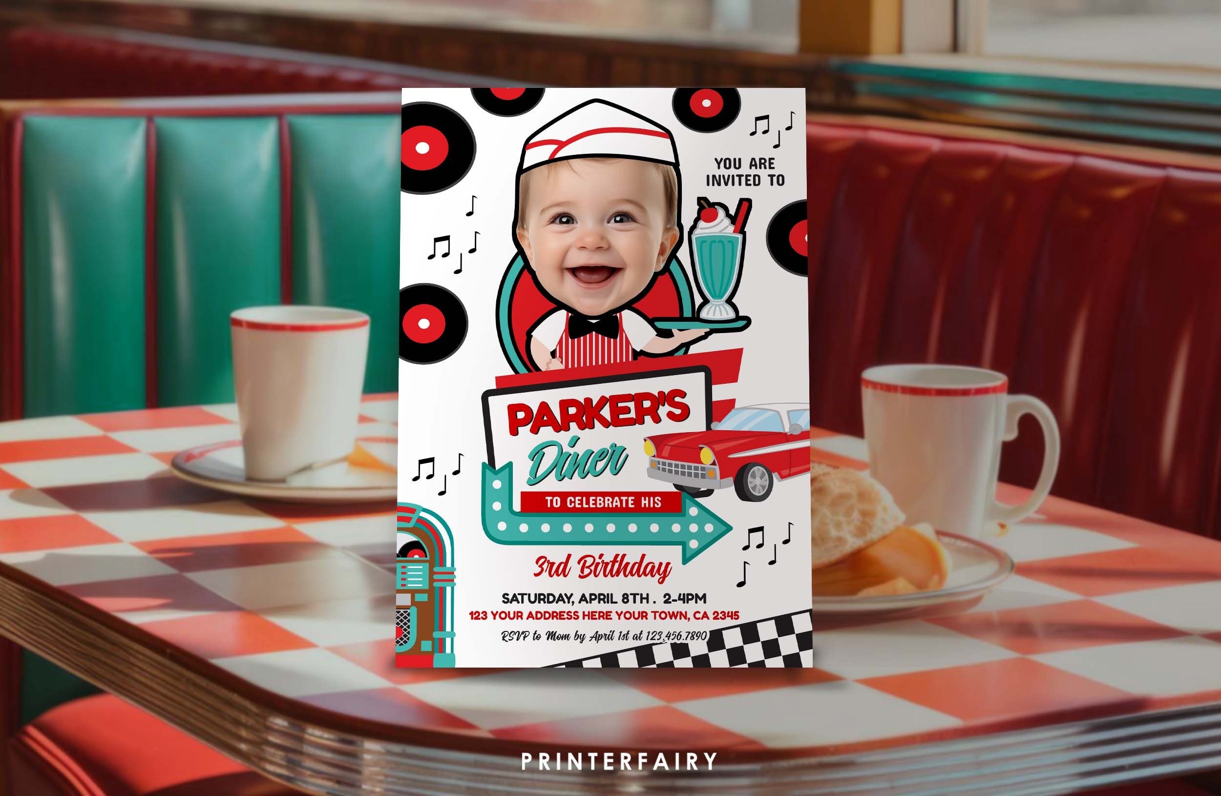 Diner Birthday Invitation with Photo Editable Template for Any Age, INSTANT DOWNLOAD
