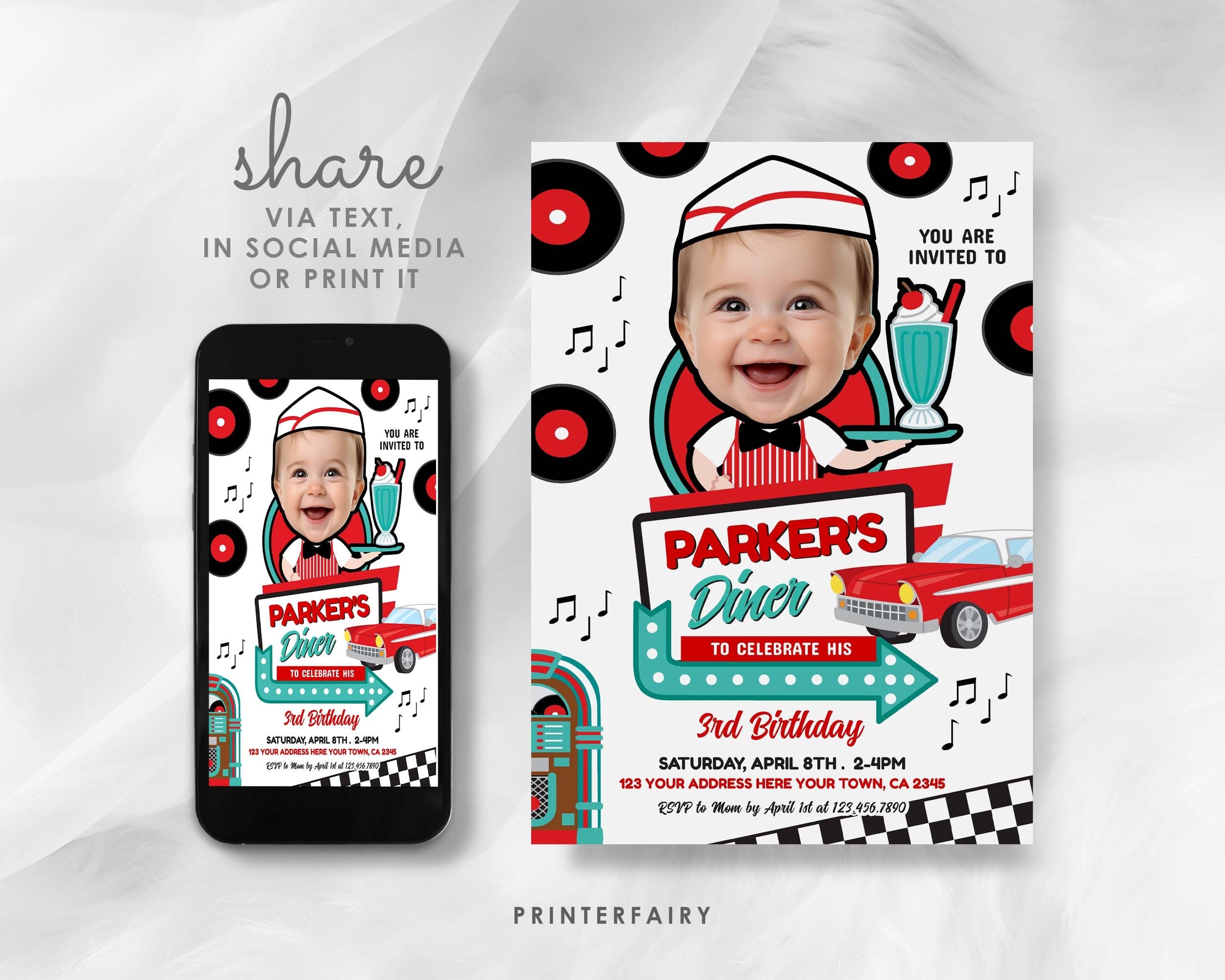 Diner Birthday Invitation with Photo Editable Template for Any Age, INSTANT DOWNLOAD