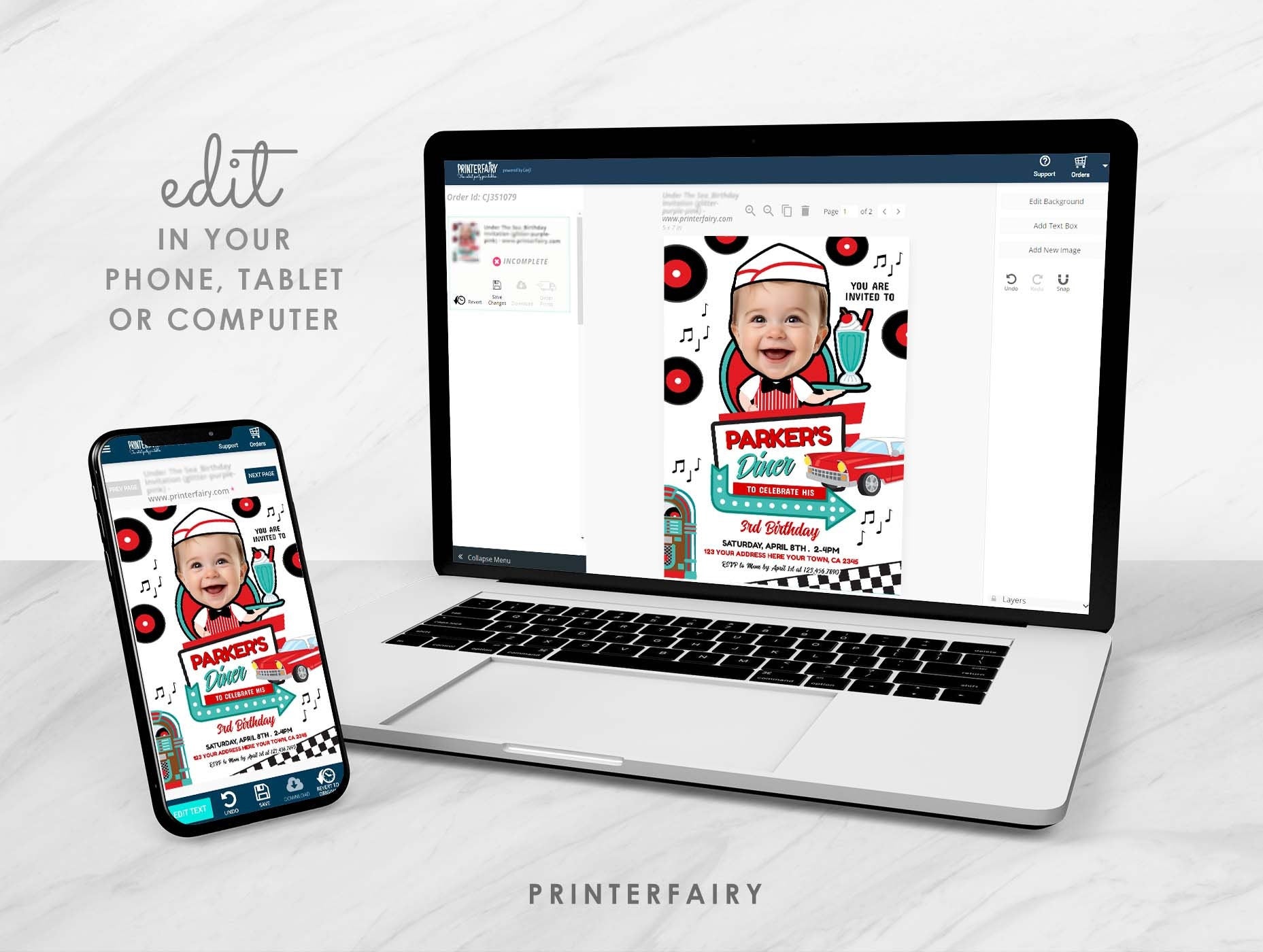 Diner Birthday Invitation with Photo Editable Template for Any Age, INSTANT DOWNLOAD