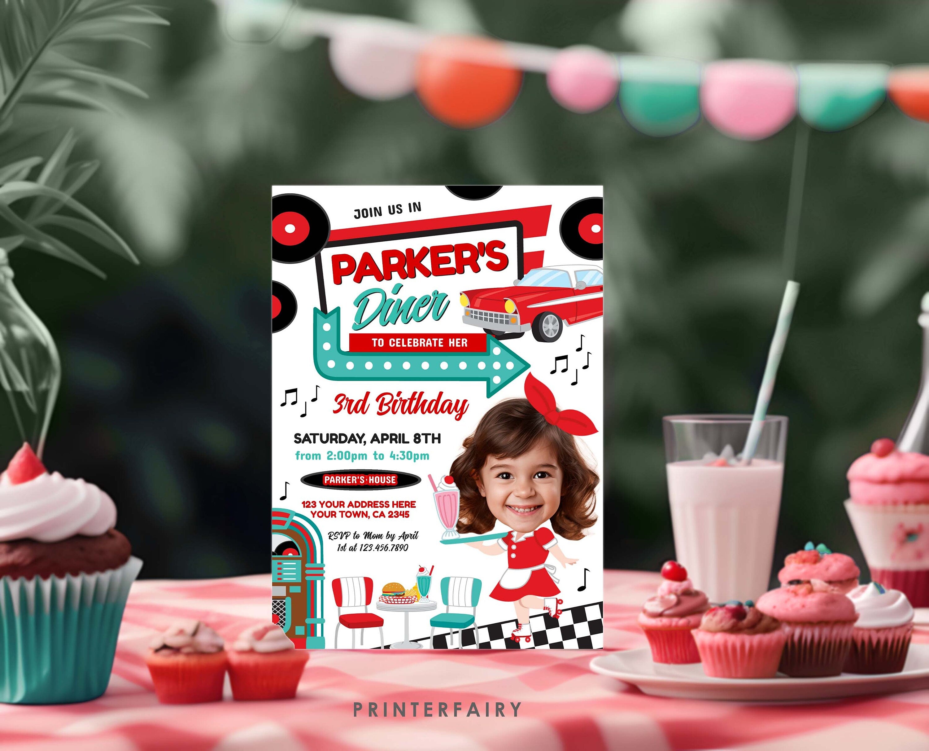 Diner Birthday Invitation with Photo, Editable Template (Digital Download)