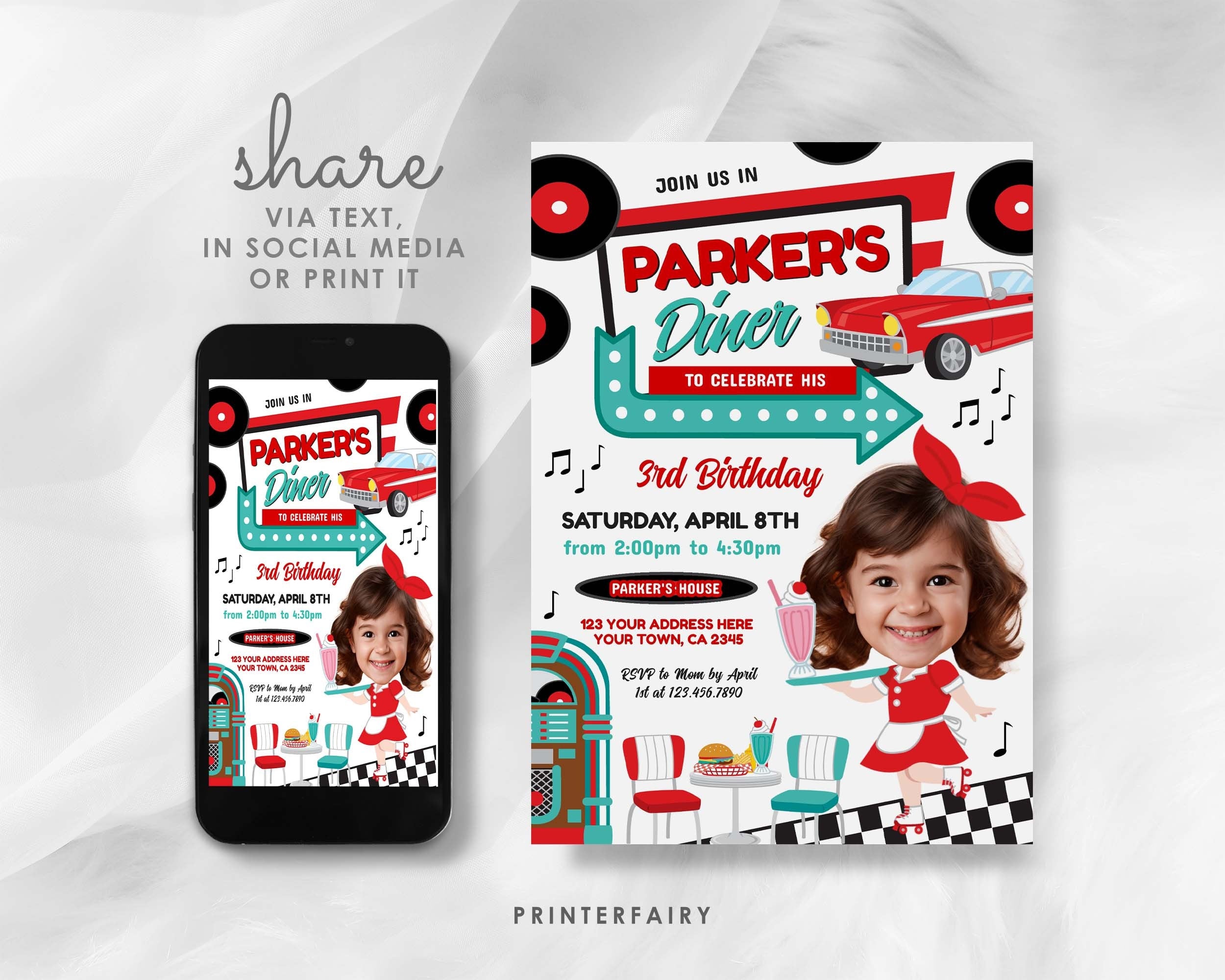 Diner Birthday Invitation with Photo, Editable Template (Digital Download)
