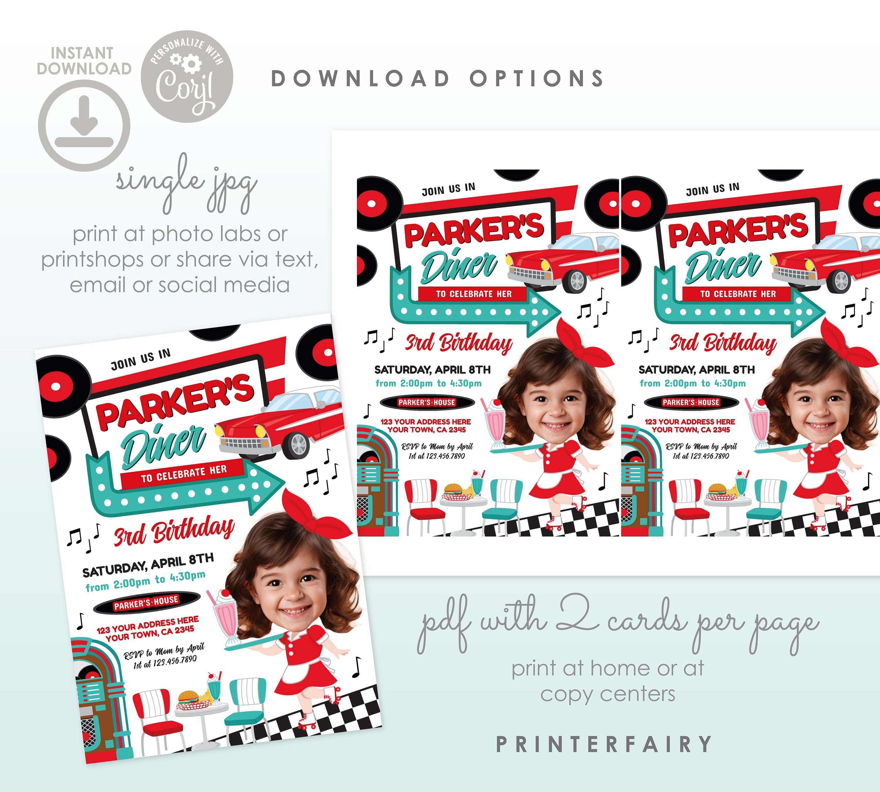 Diner Birthday Invitation with Photo, Editable Template (Digital Download)