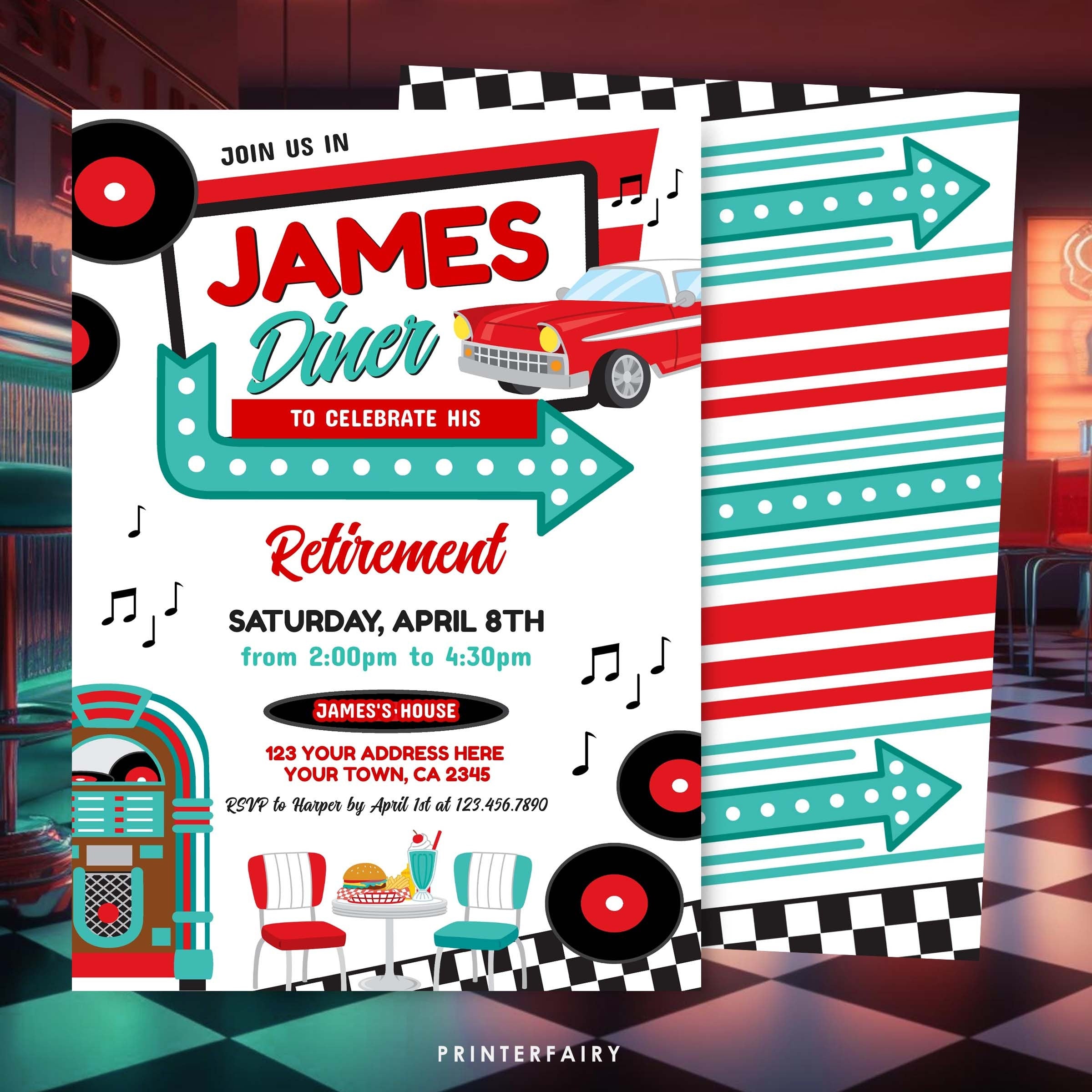 Diner Retirement Party Invitation, 1950's Retro Theme, Editable Template (Instant Download)