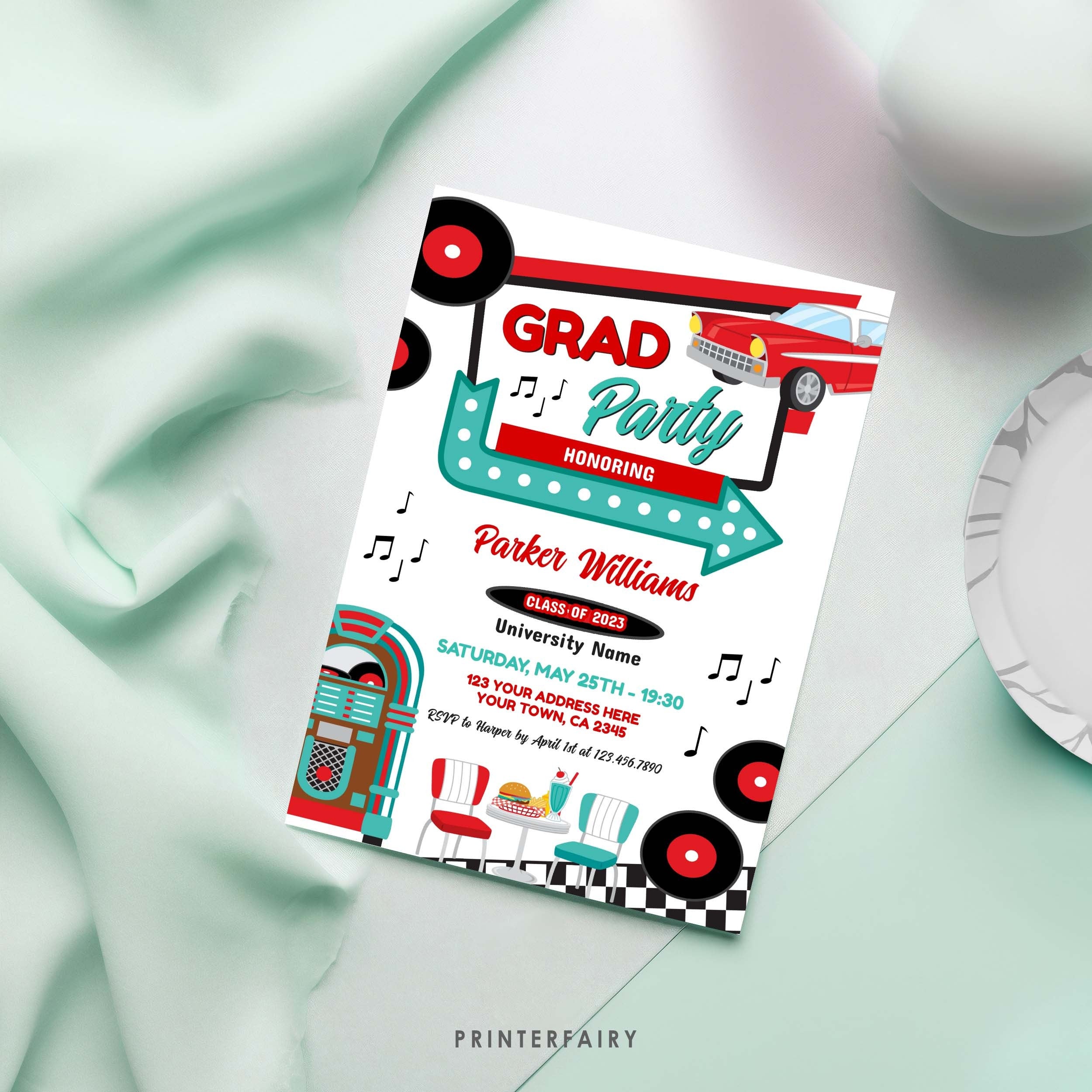 Diner Graduation Party Invitation, Retro Midcentury Theme (Digital Download)