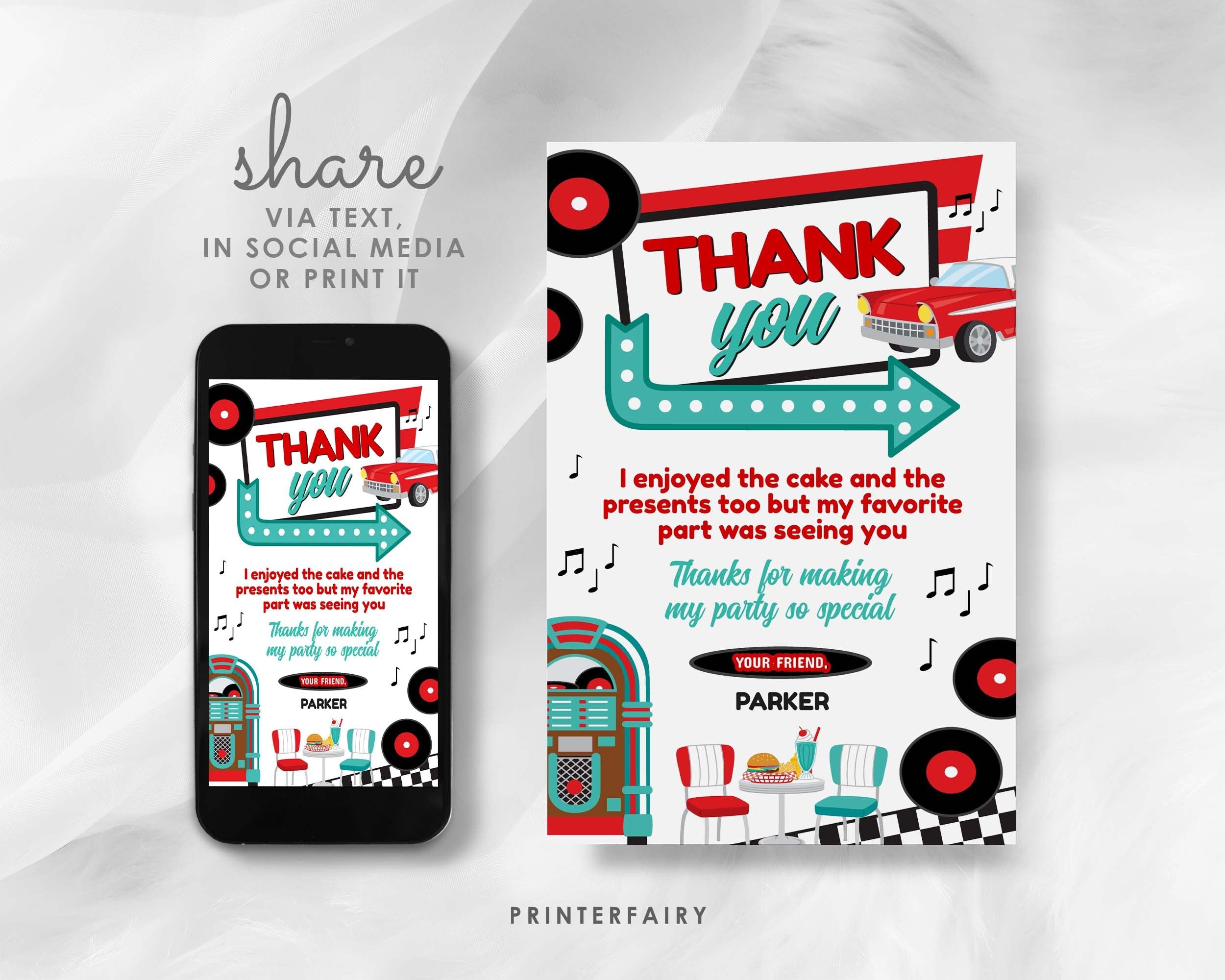 Diner Thank You Card, 1950s Soda Shop Theme Party, Retro Birthday (Digital Download)