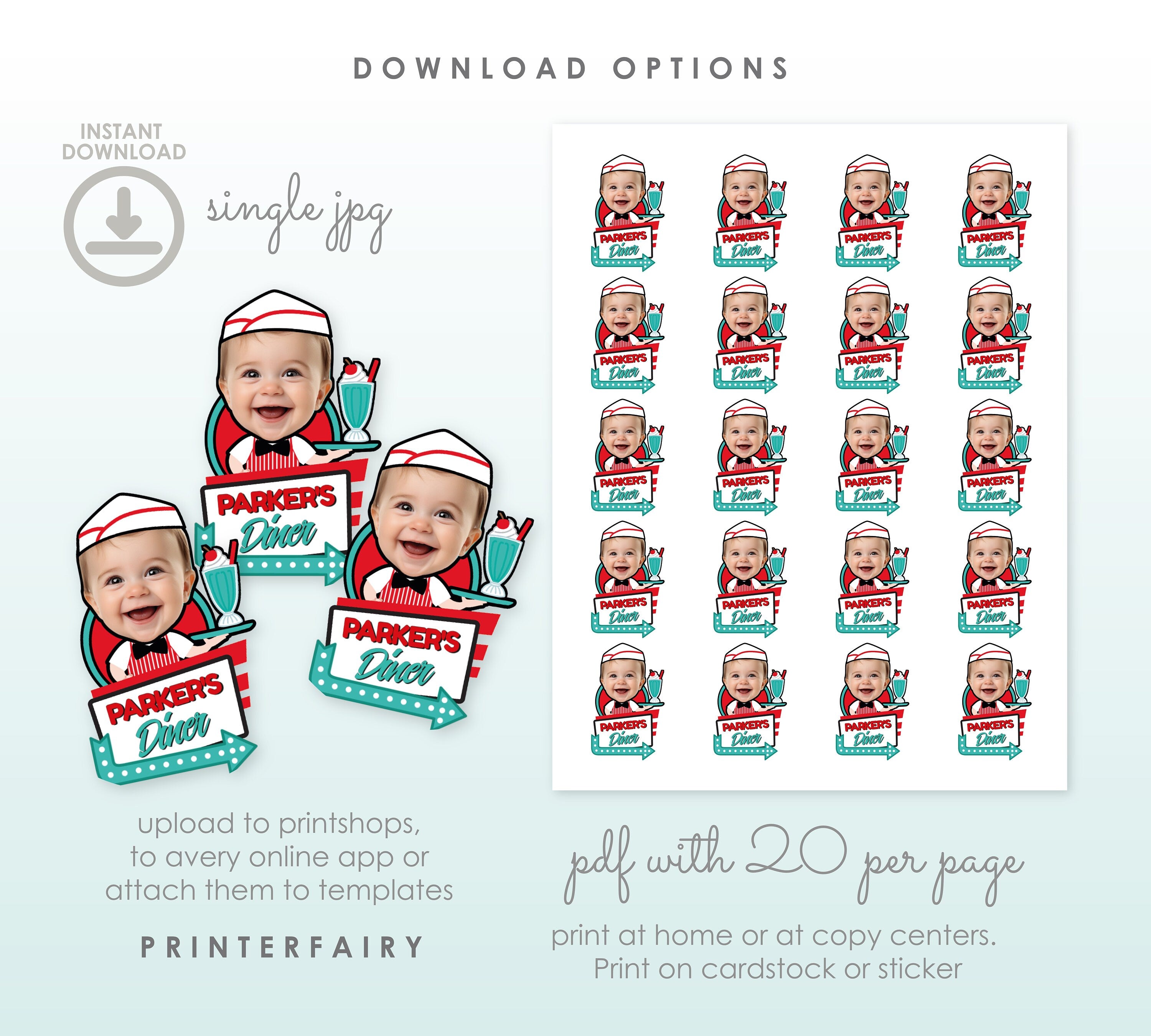 Editable Diner Photo Cupcake Toppers, Custom Party Decor (Digital Download)