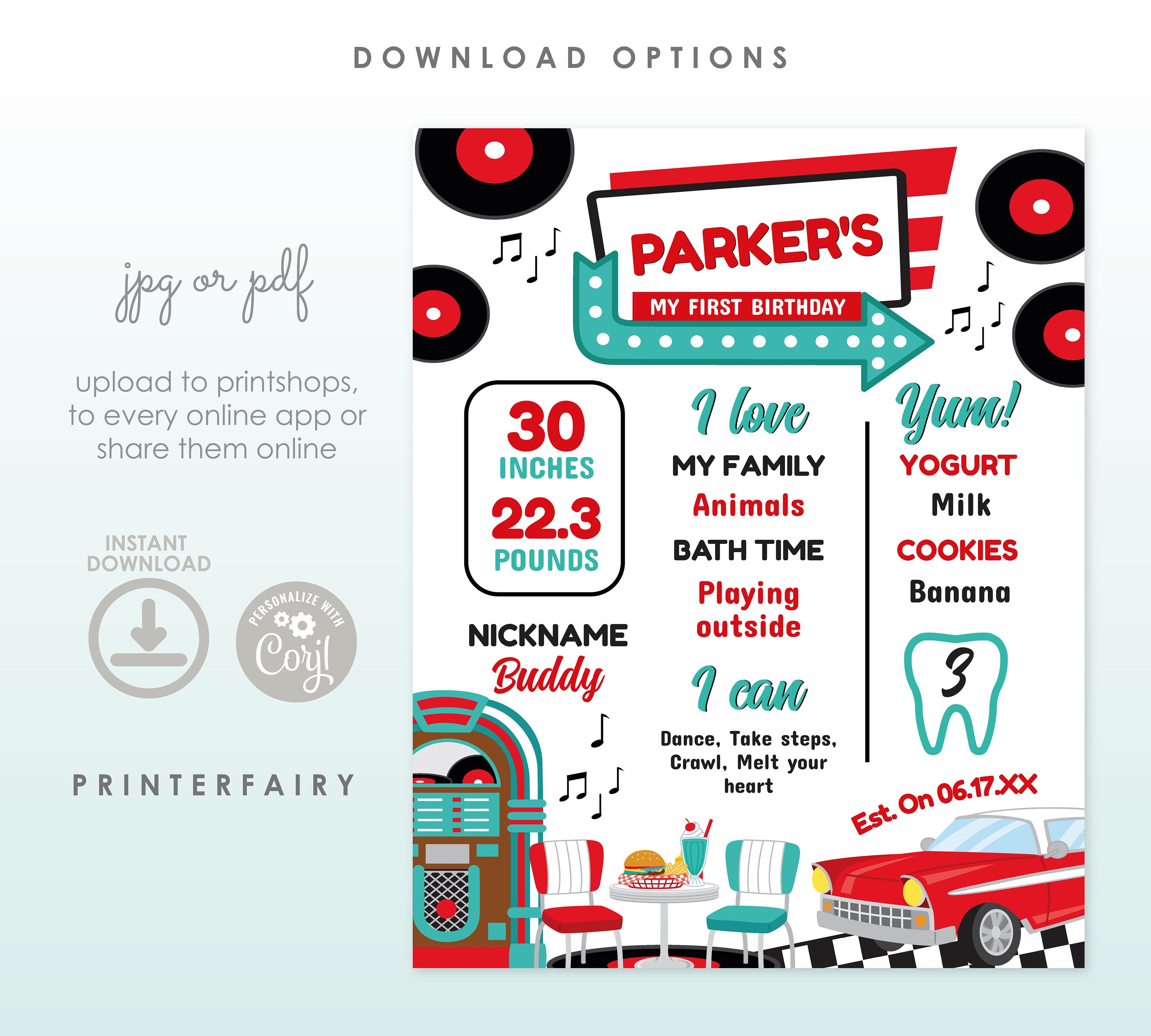 Diner Birthday Milestones Board Editable Sign Template, INSTANT DOWNLOAD
