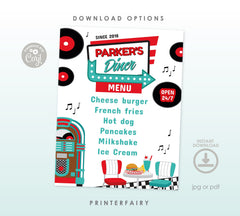 Diner Menu Template Editable Sign Template, Sock Hop Decorations, INSTANT DOWNLOAD