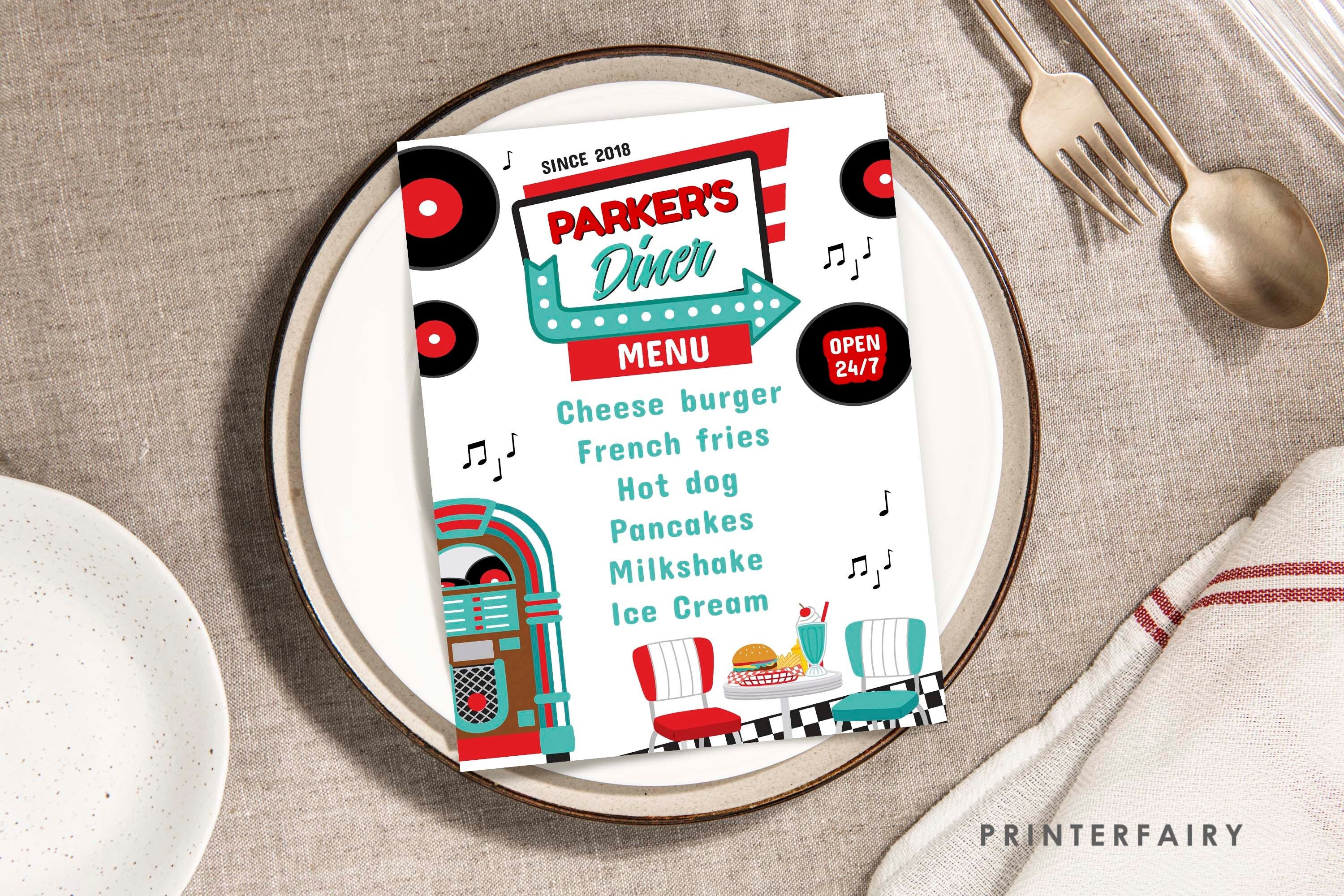 Diner Menu Template Editable Sign Template, Sock Hop Decorations, INSTANT DOWNLOAD
