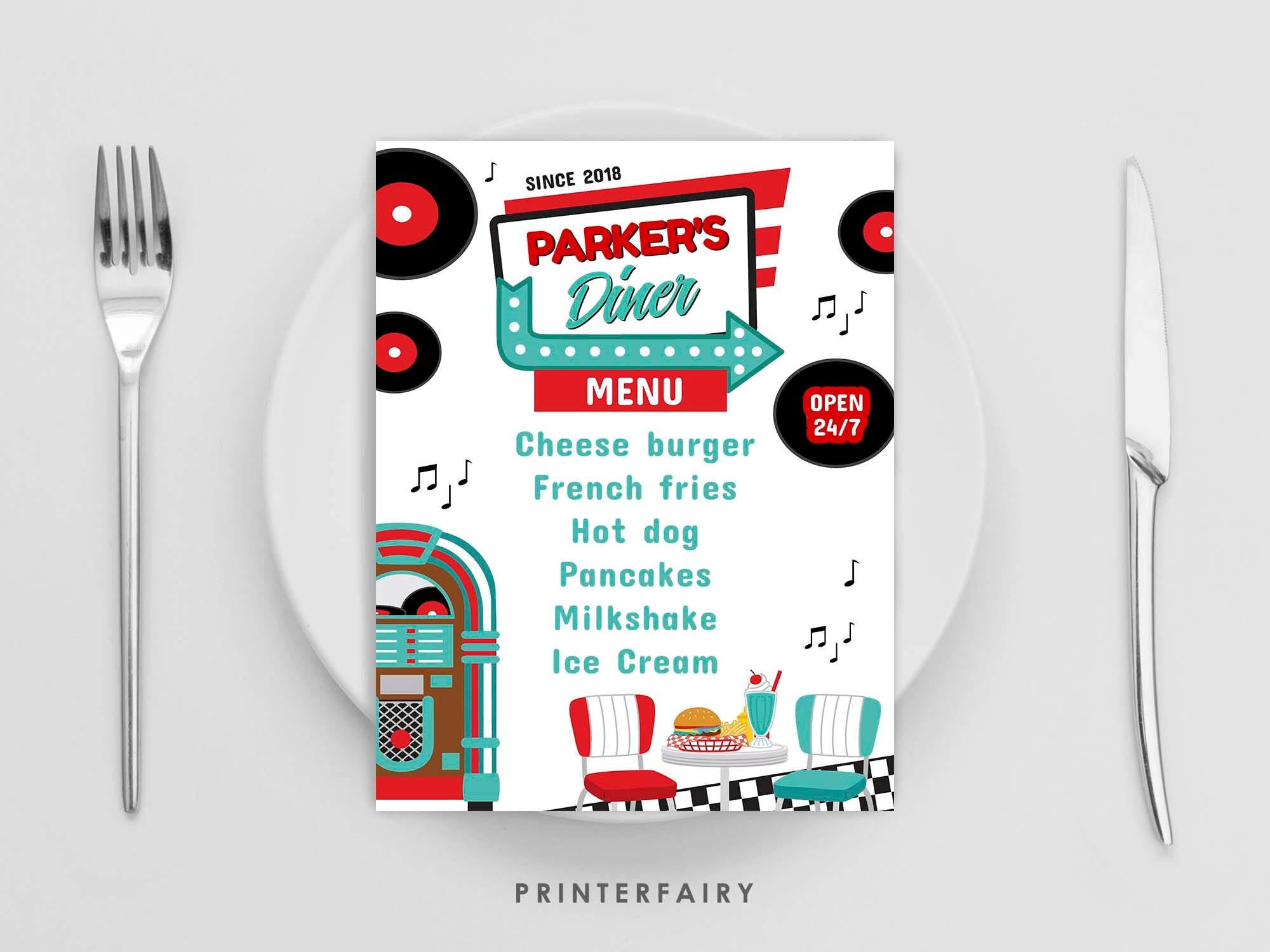 Diner Menu Template Editable Sign Template, Sock Hop Decorations, INSTANT DOWNLOAD
