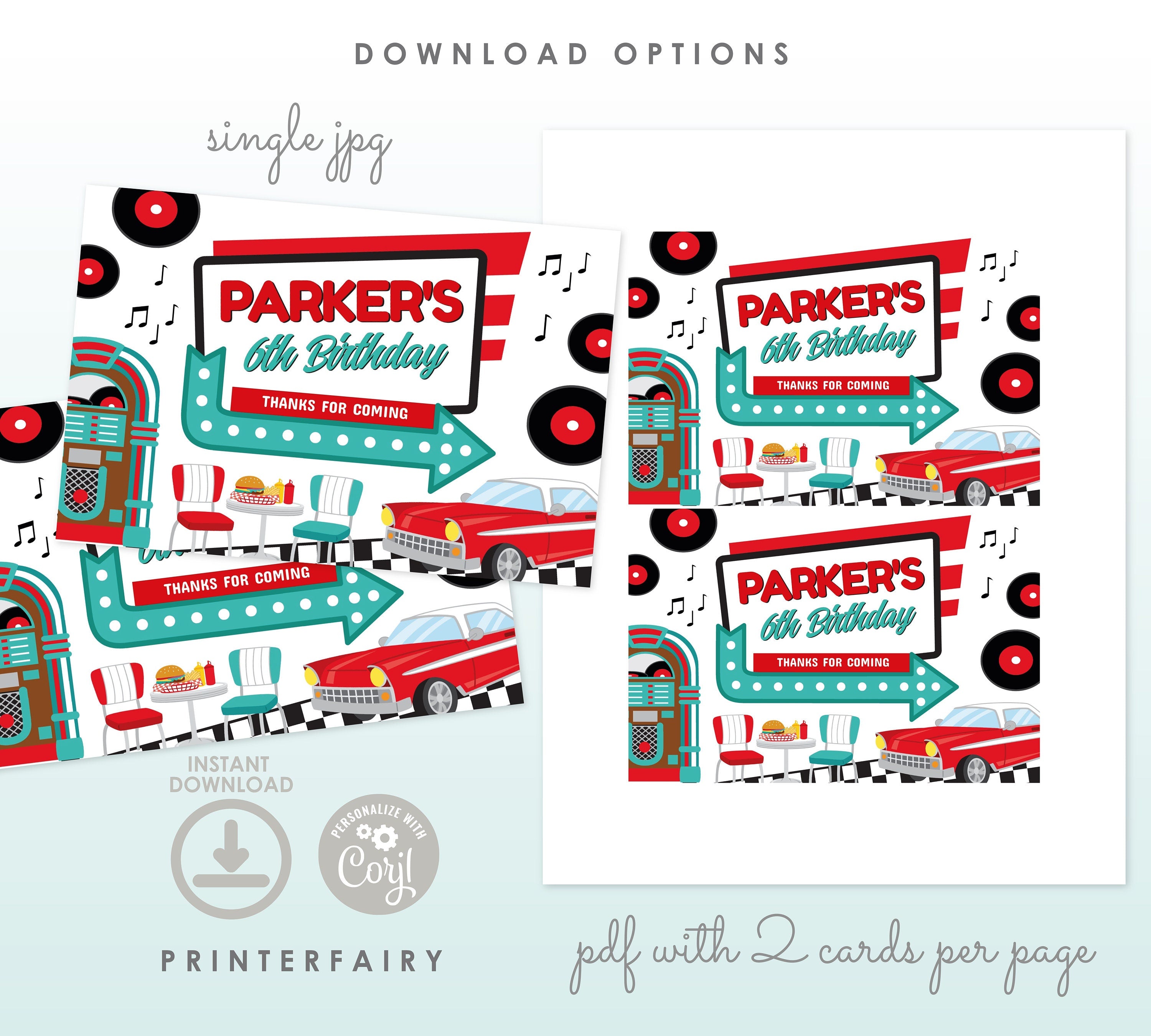 Editable Diner Party Favor Box Label, 50s Sock Hop Soda Shop Theme (Digital Download)