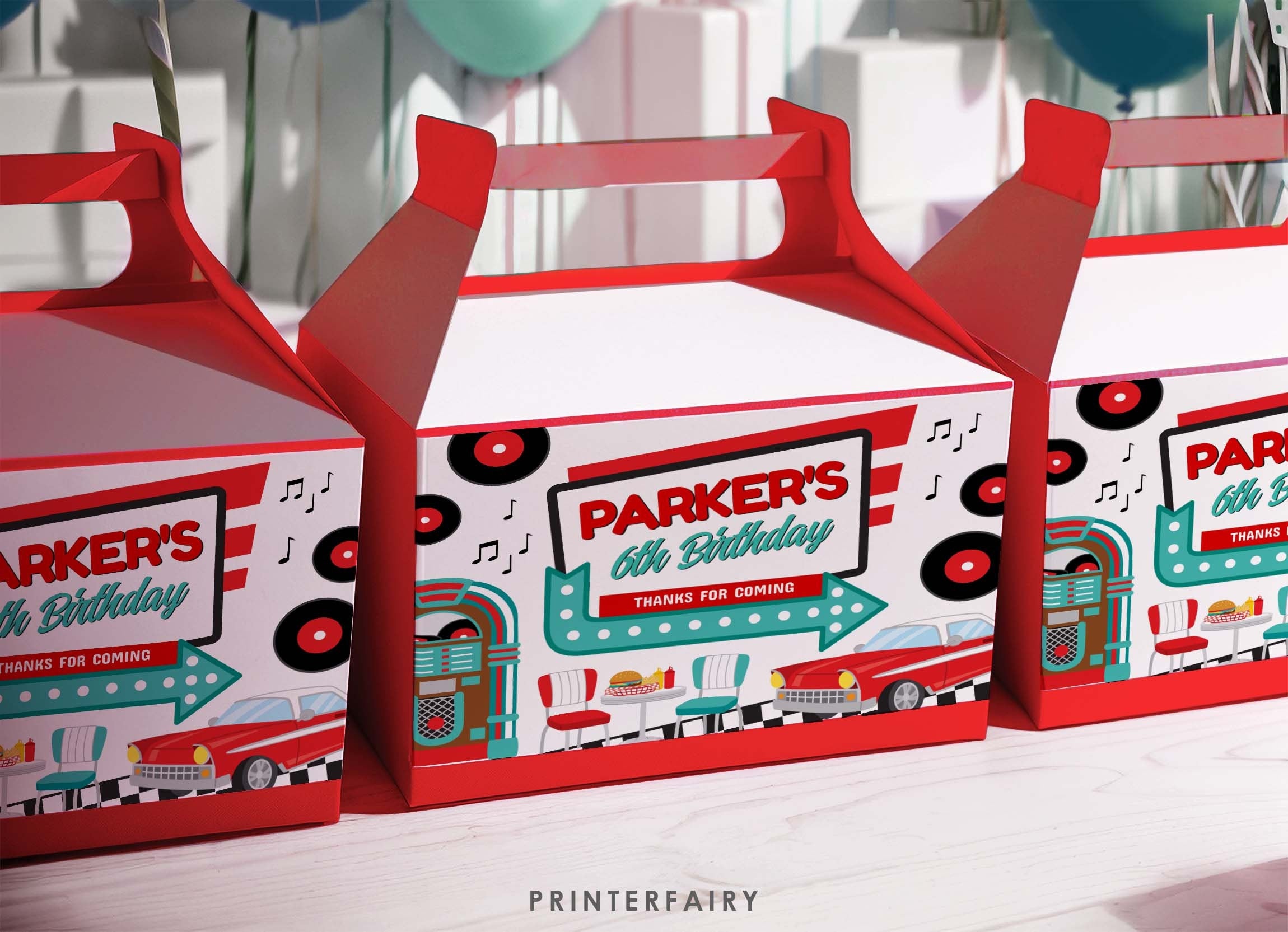 Editable Diner Party Favor Box Label, 50s Sock Hop Soda Shop Theme (Digital Download)