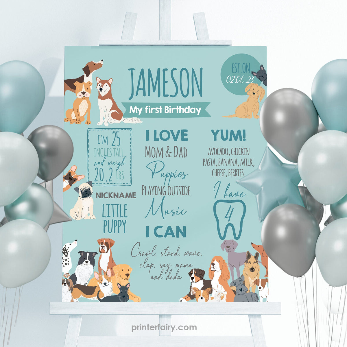 Puppy First Birthday Board, Adoption Party Milestones (Digital)