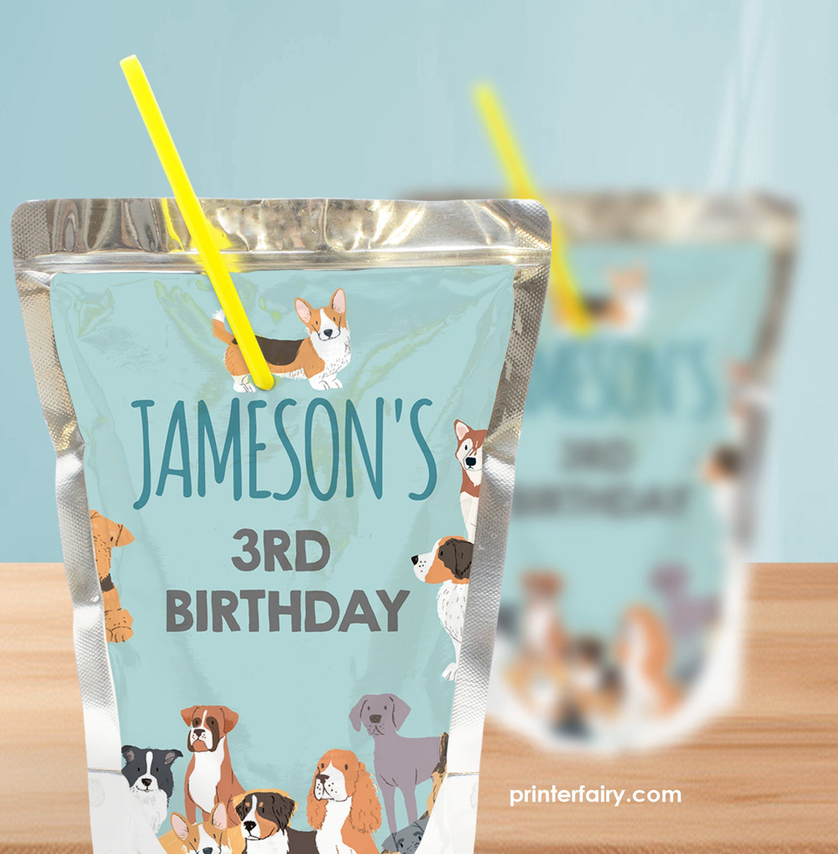 Puppy Adoption Birthday Drink Pouch Label, Editable Pet Party (Digital Item)
