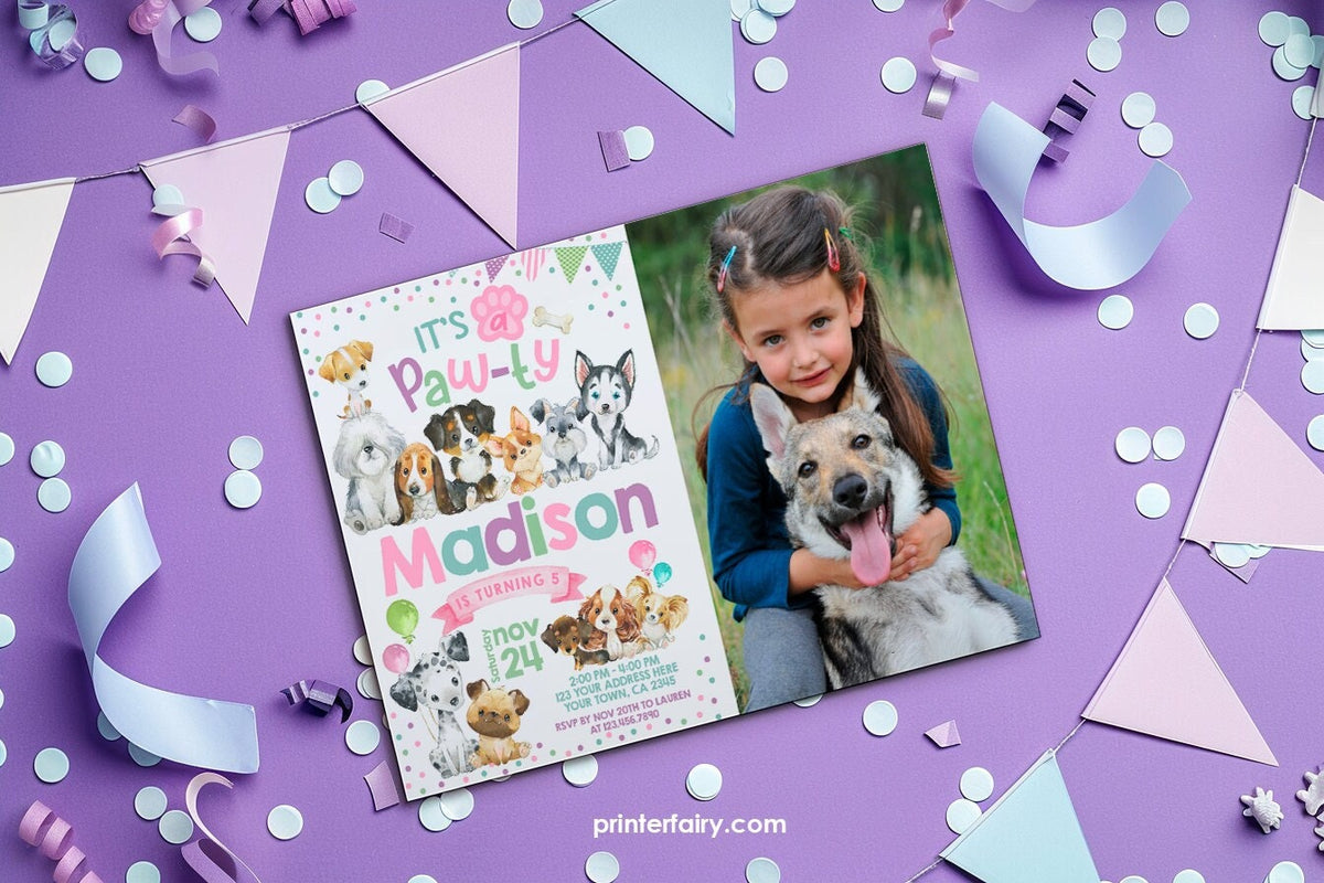 Puppy Pawty Birthday Invitation with Photo (INSTANT DOWNLOAD)